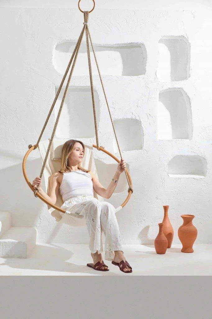 Twill Natural Round Hanging Chair Teak Frame