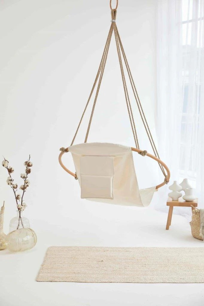 Twill Natural Round Hanging Chair Teak Frame