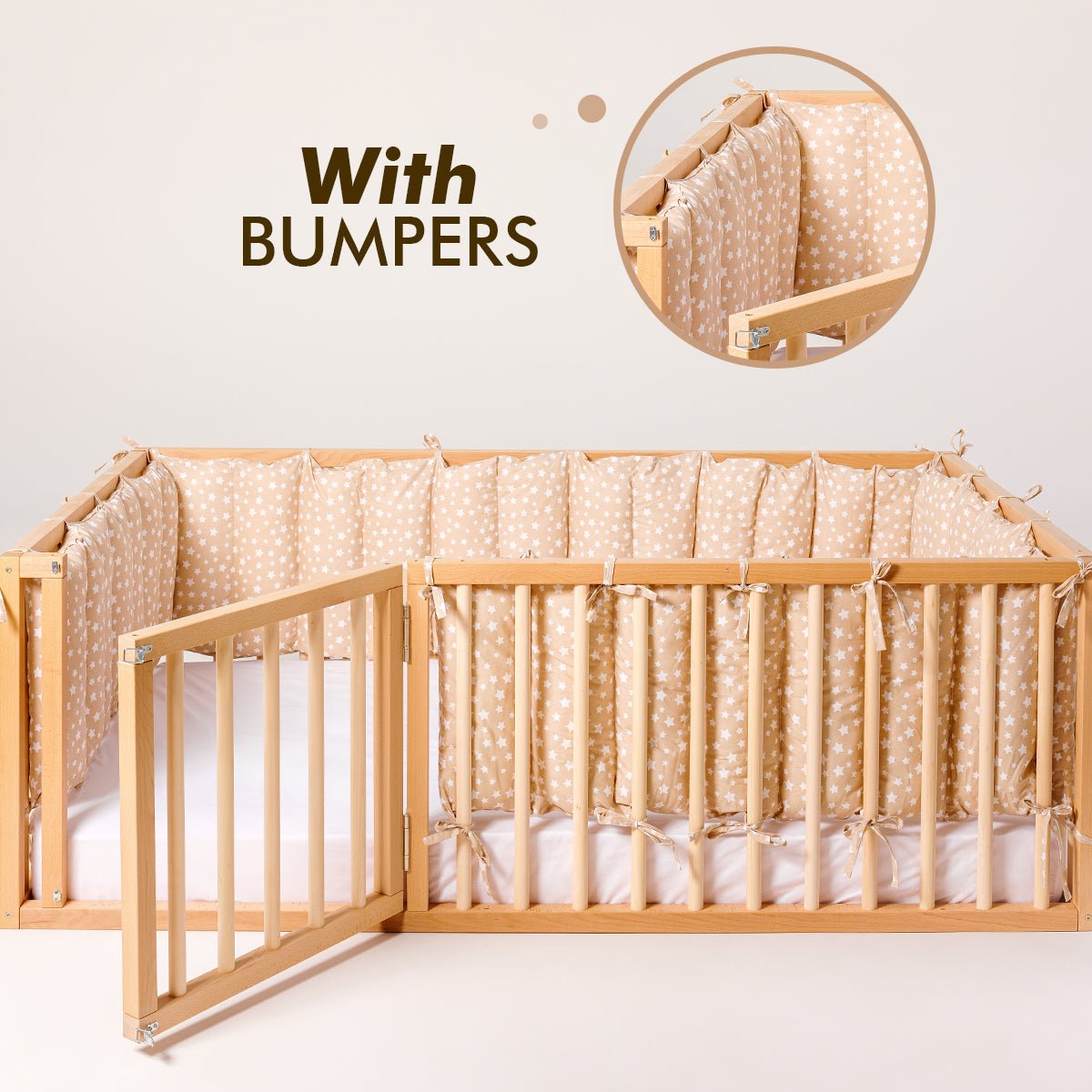 Preorder Full Montessori Floor Bed Frame for Toddlers with Fence and Wooden Slats (75*54 inch) Beds Goodevas With bumpers