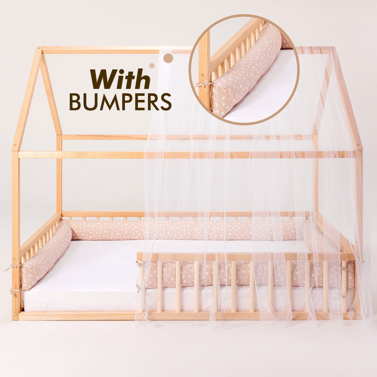 Twin Size Montessori House Bed for Kids with Fence (75x38 inch) Beds Goodevas With bumpers
