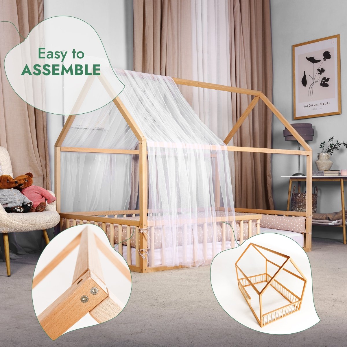 Montessori House Bed for Kids with Fence