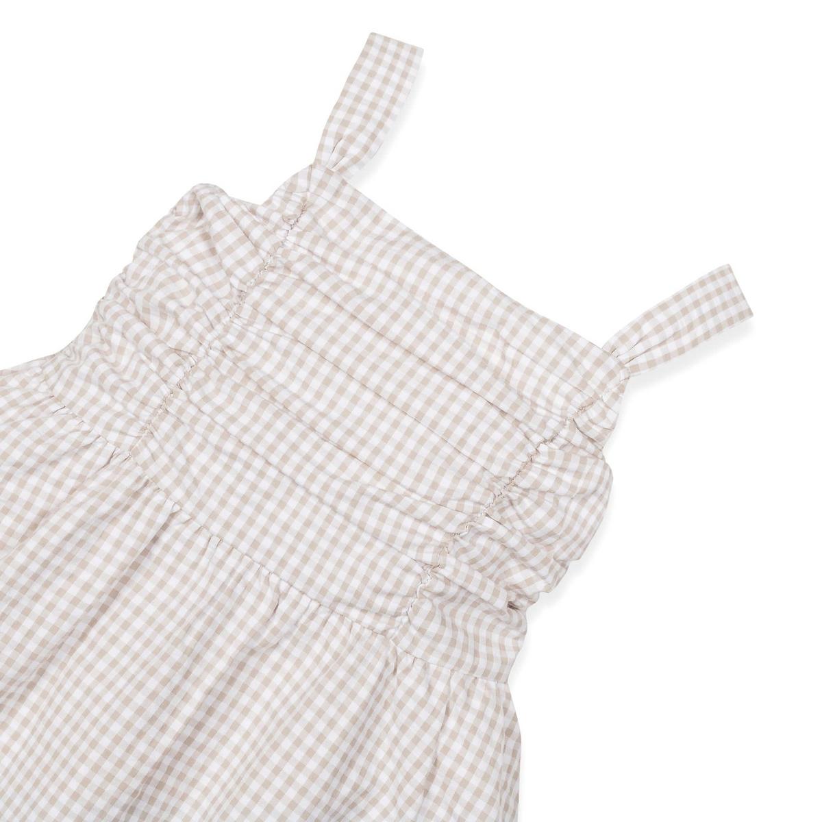 Baby Organic Ruched Bodice Party Dress - Taupe Gingham Seersucker