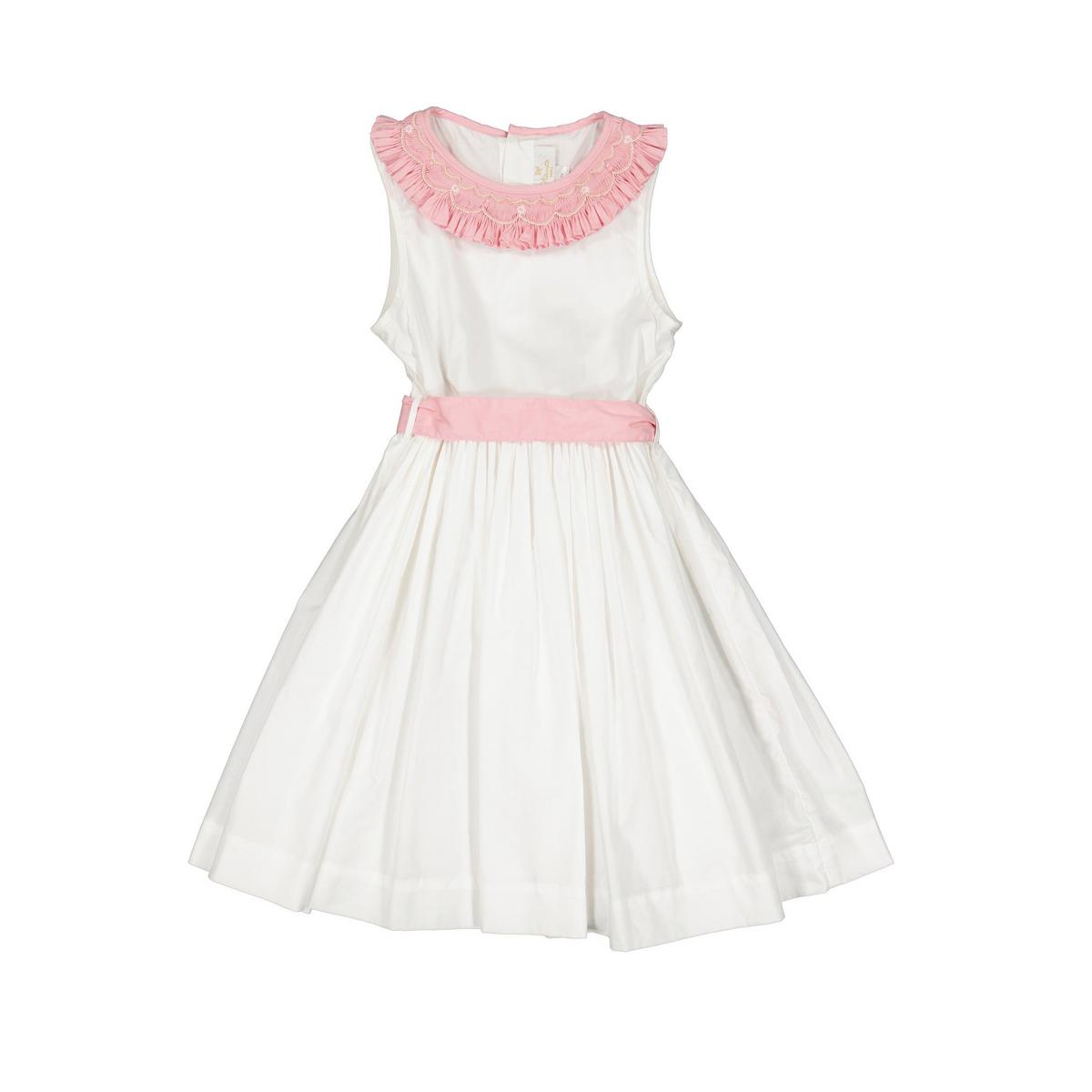 Peony White Smocked Dress With Pink Embroidered Collar