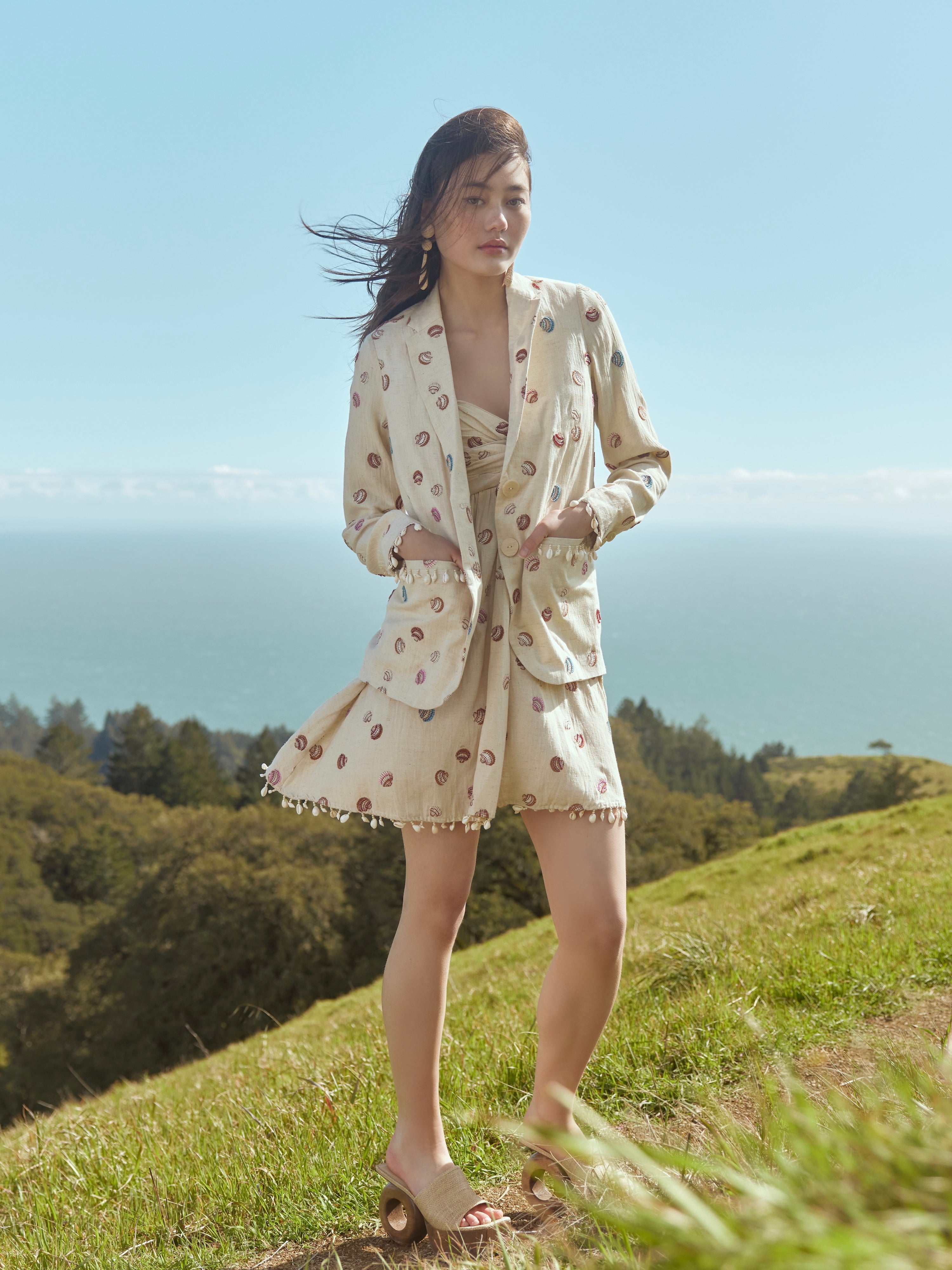 Katty Beaded Embroidered Mini Dress With Puka Fringe - Light Sand/Beaded Embroidered Shells With Puka Beaded Fringe