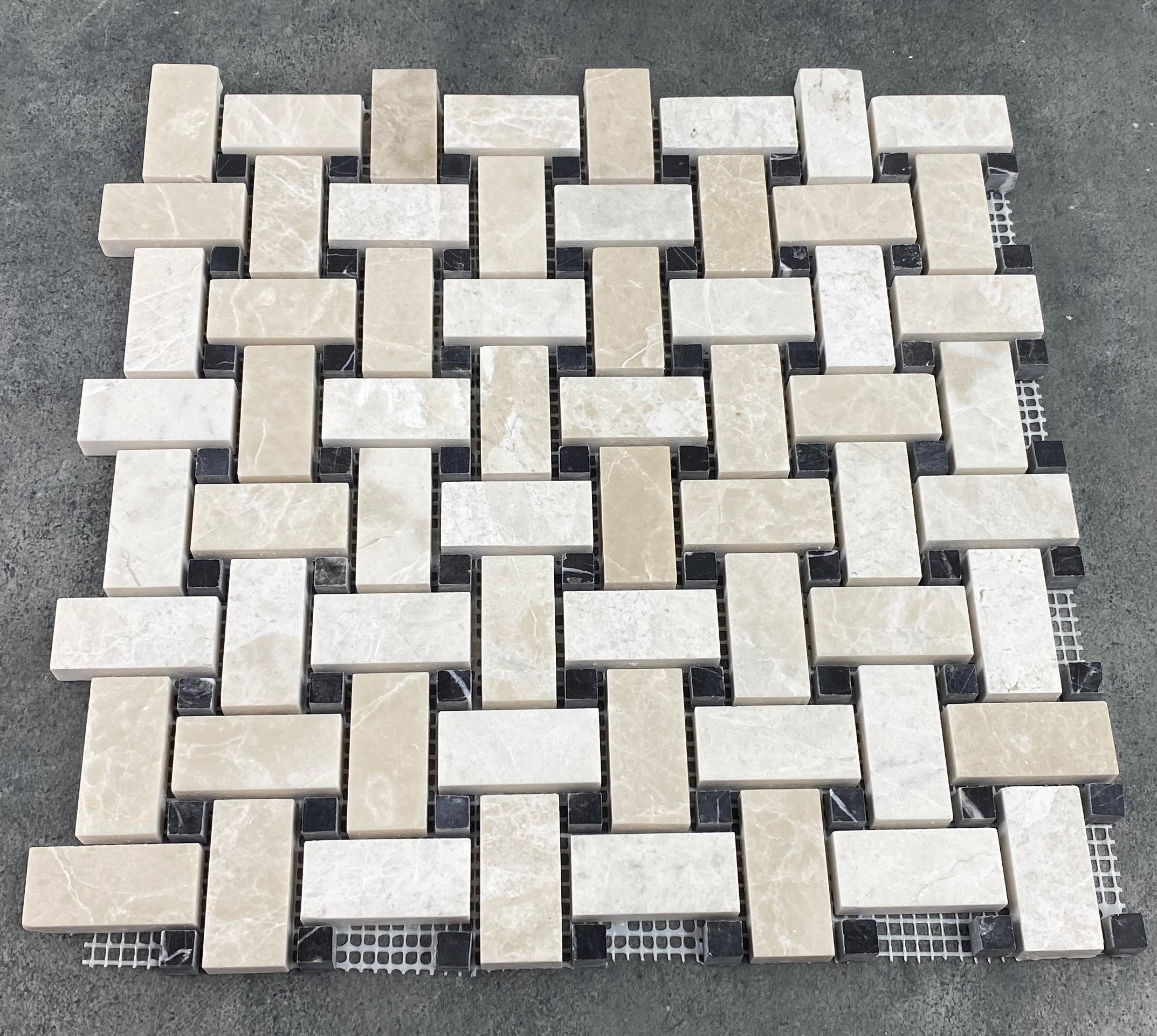 Vanilla Beige Marble Basketweave Design on 12" x 12" Mesh Mosaic Tile - Belair Collection