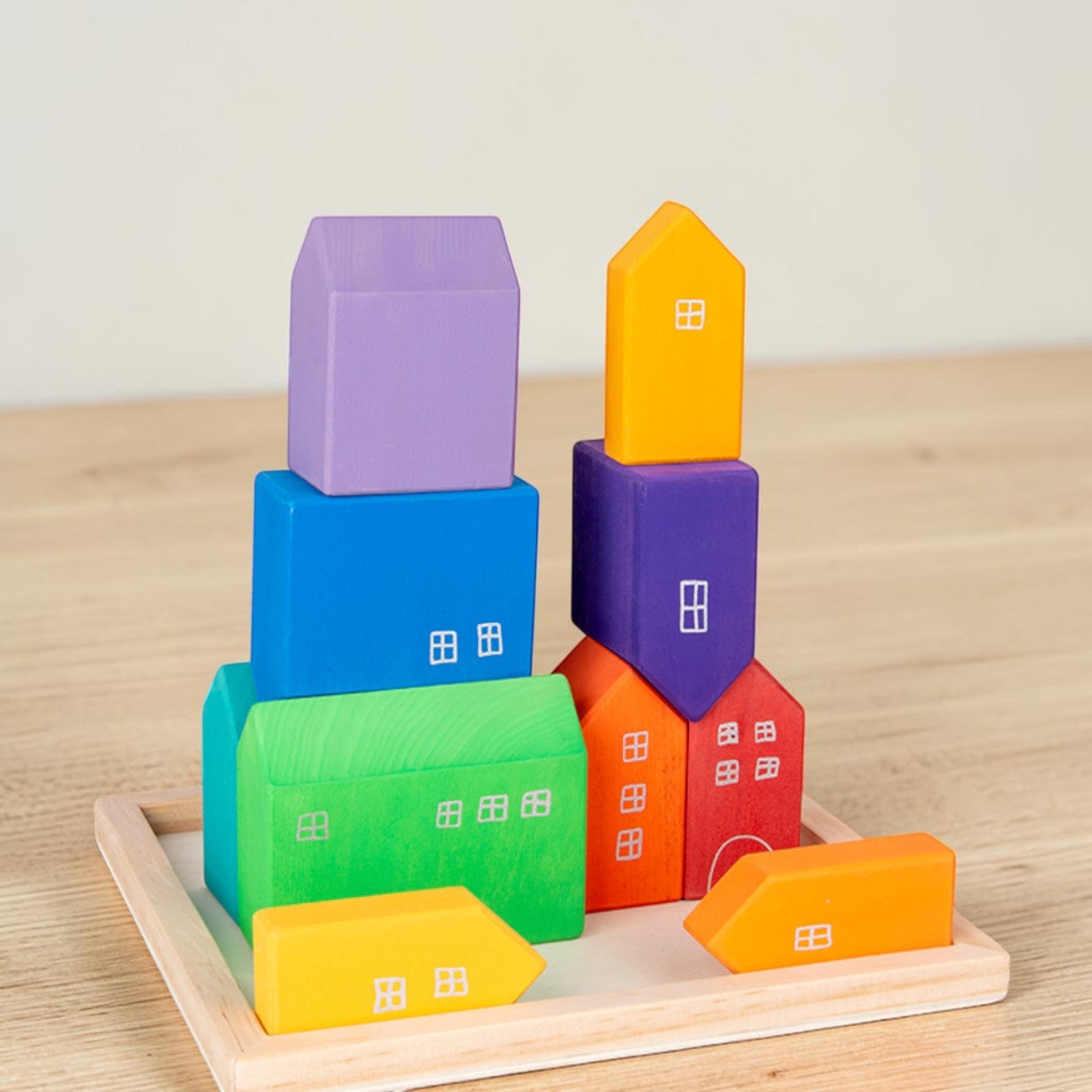 **Pre-order (Ships in 2-3 Weeks)**15-Piece Stained Little Village Wooden House Building Blocks Set