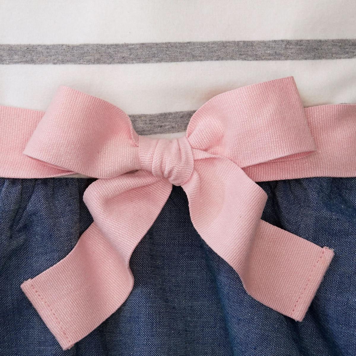 Lightweight Blocked Organic Skater Dress - Gray Stripe with Chambray