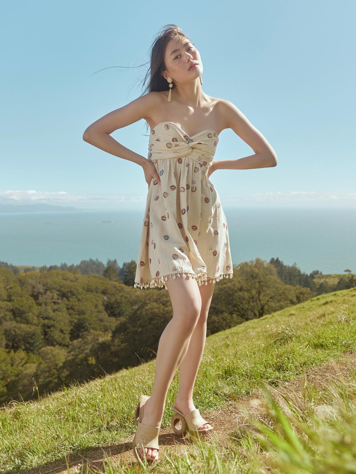 Katty Beaded Embroidered Mini Dress With Puka Fringe - Light Sand/Beaded Embroidered Shells With Puka Beaded Fringe - FINAL SALE