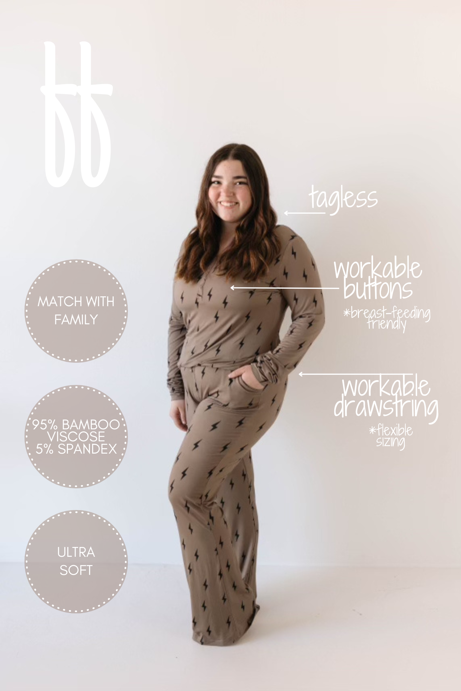 Women's Long Sleeve Bamboo Pajama | Brown & Black Lightning Bolt