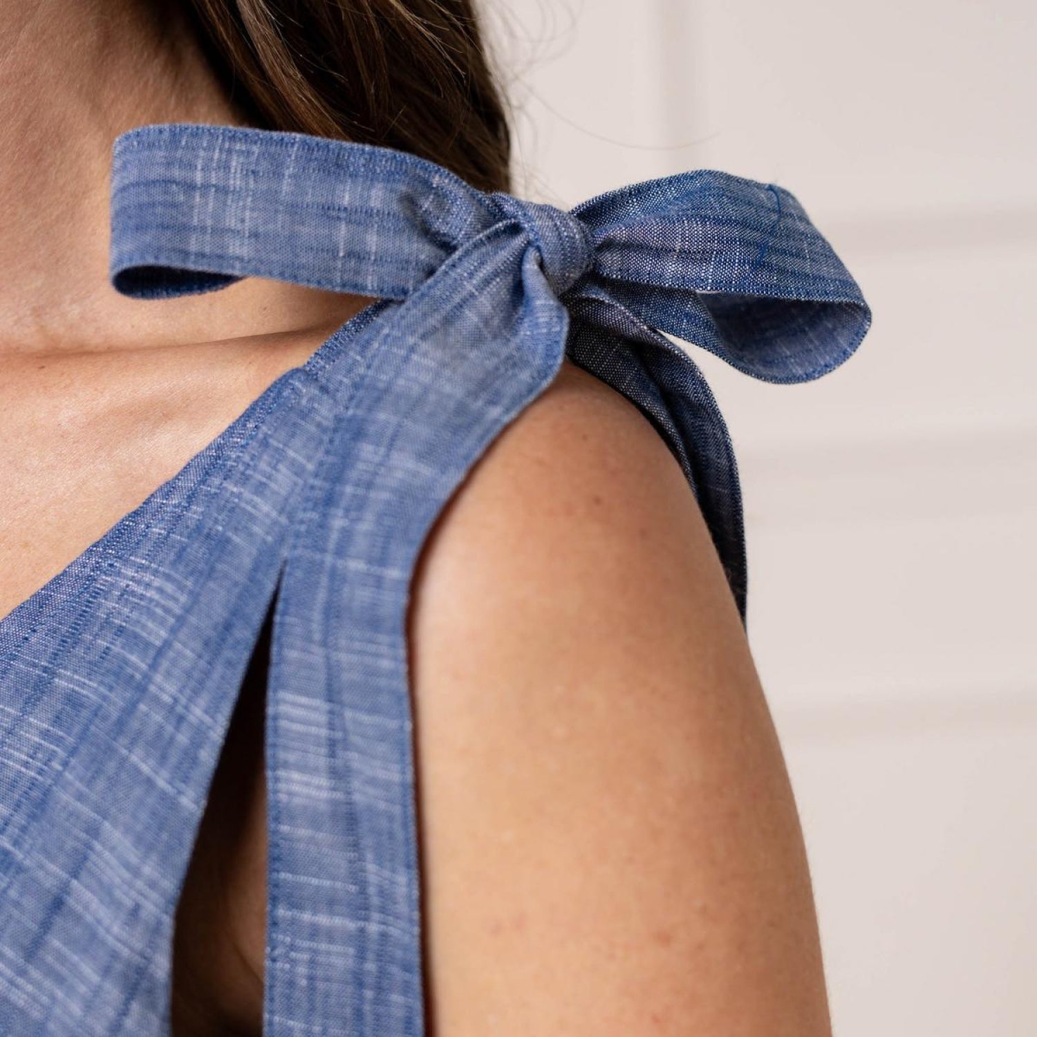 Women's Bow Shoulder Organic Jumpsuit - Blue Chambray - FINAL SALE