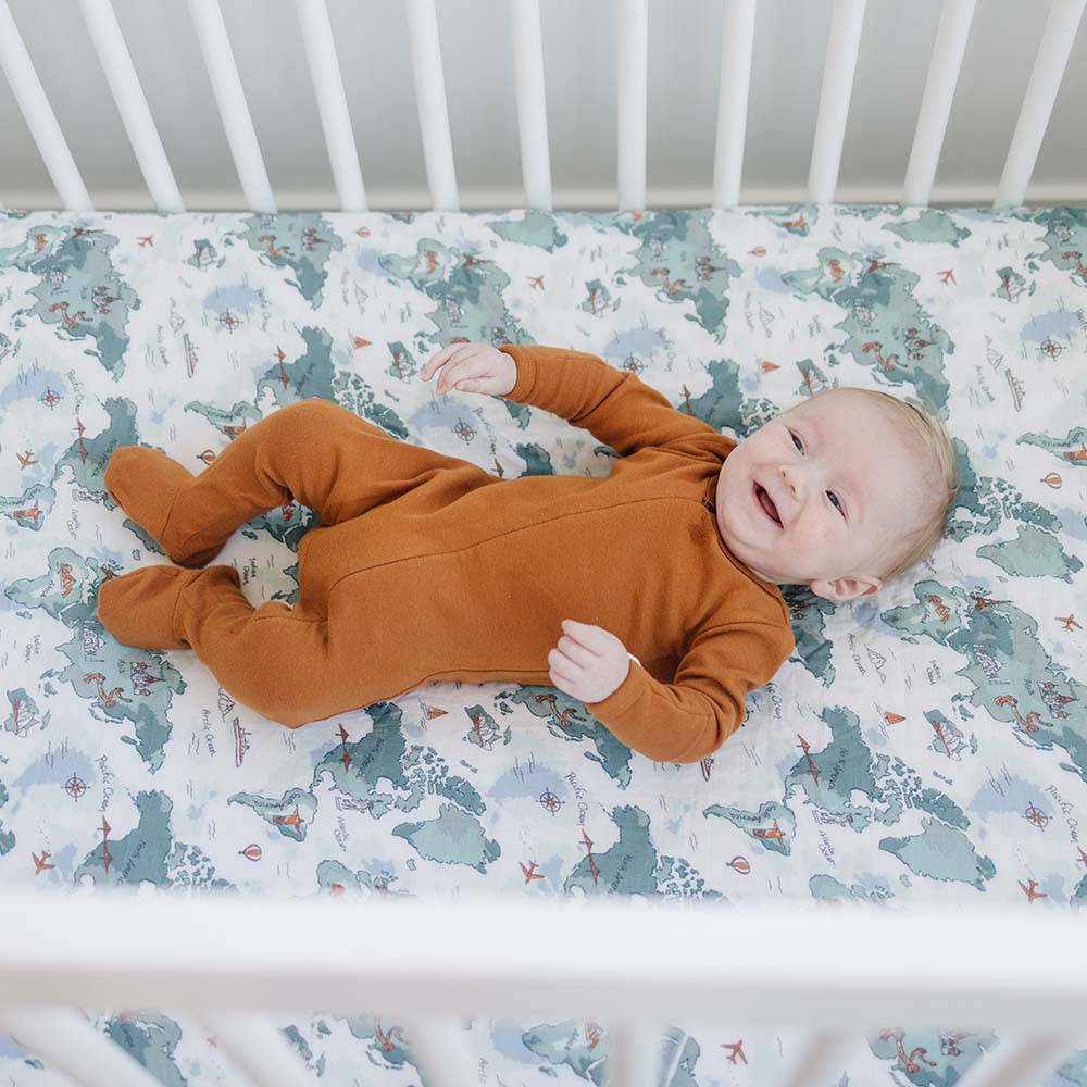 World Map Oh So Soft Muslin Crib Sheet Crib Sheet Bebe au Lait