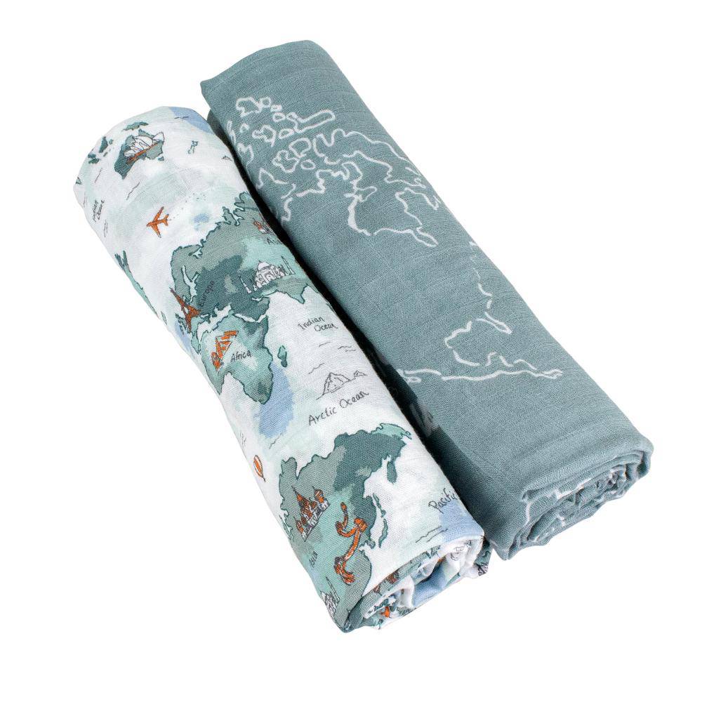 Muslin Swaddle Blanket Set Oh So Soft World Map + Someday Swaddle Blanket Bebe au Lait