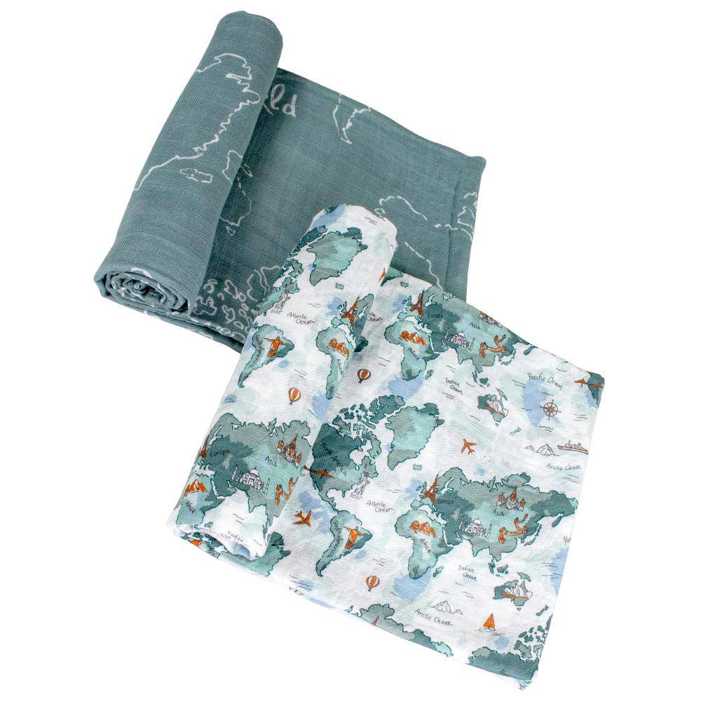 Muslin Swaddle Blanket Set Oh So Soft World Map + Someday Swaddle Blanket Bebe au Lait