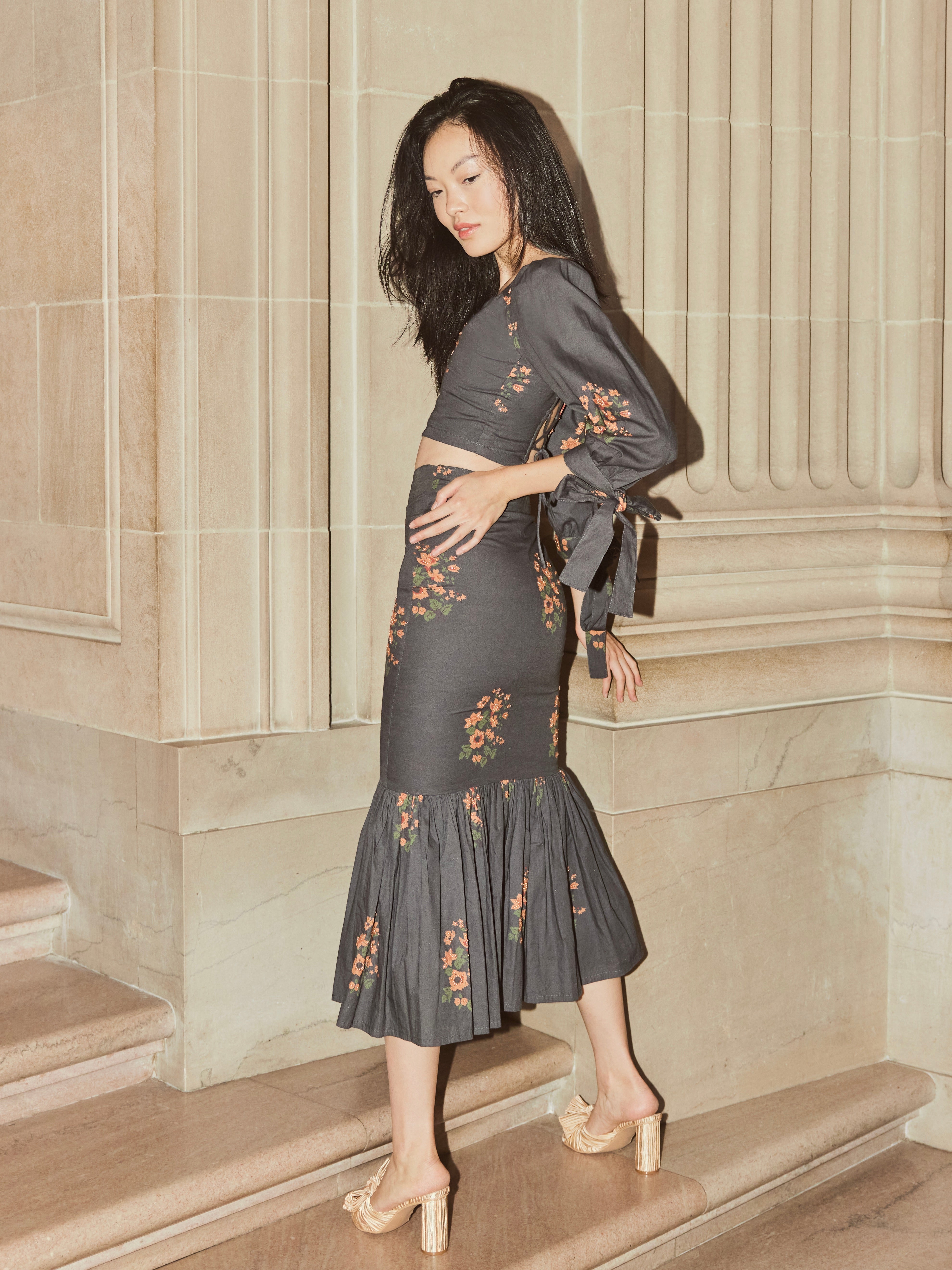 Molly Beaded Fluted Skirt - Faded Black/Copper Beading