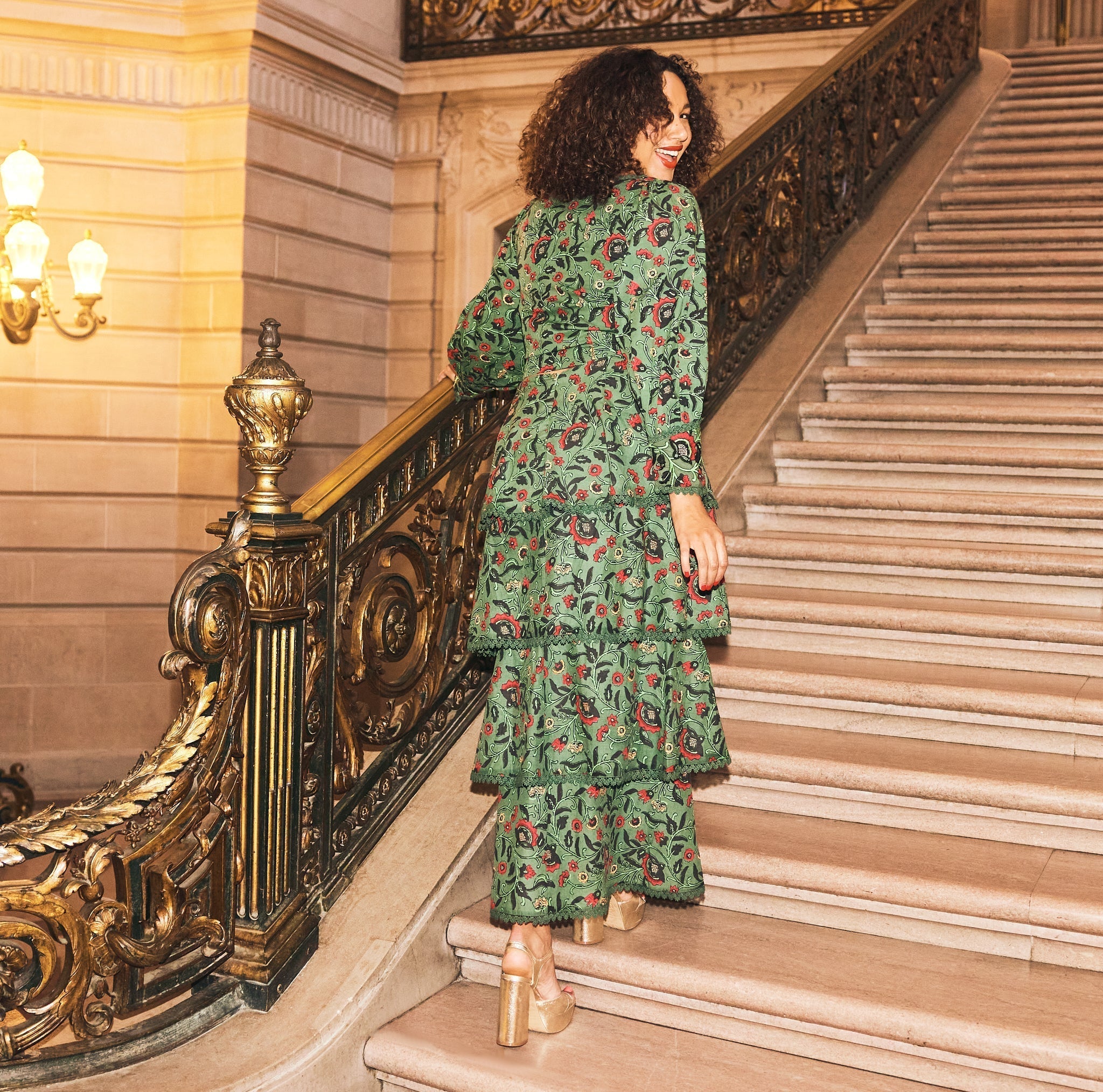 Brenda Tiered Skirt - Forest/Copper & Crimson Floral print