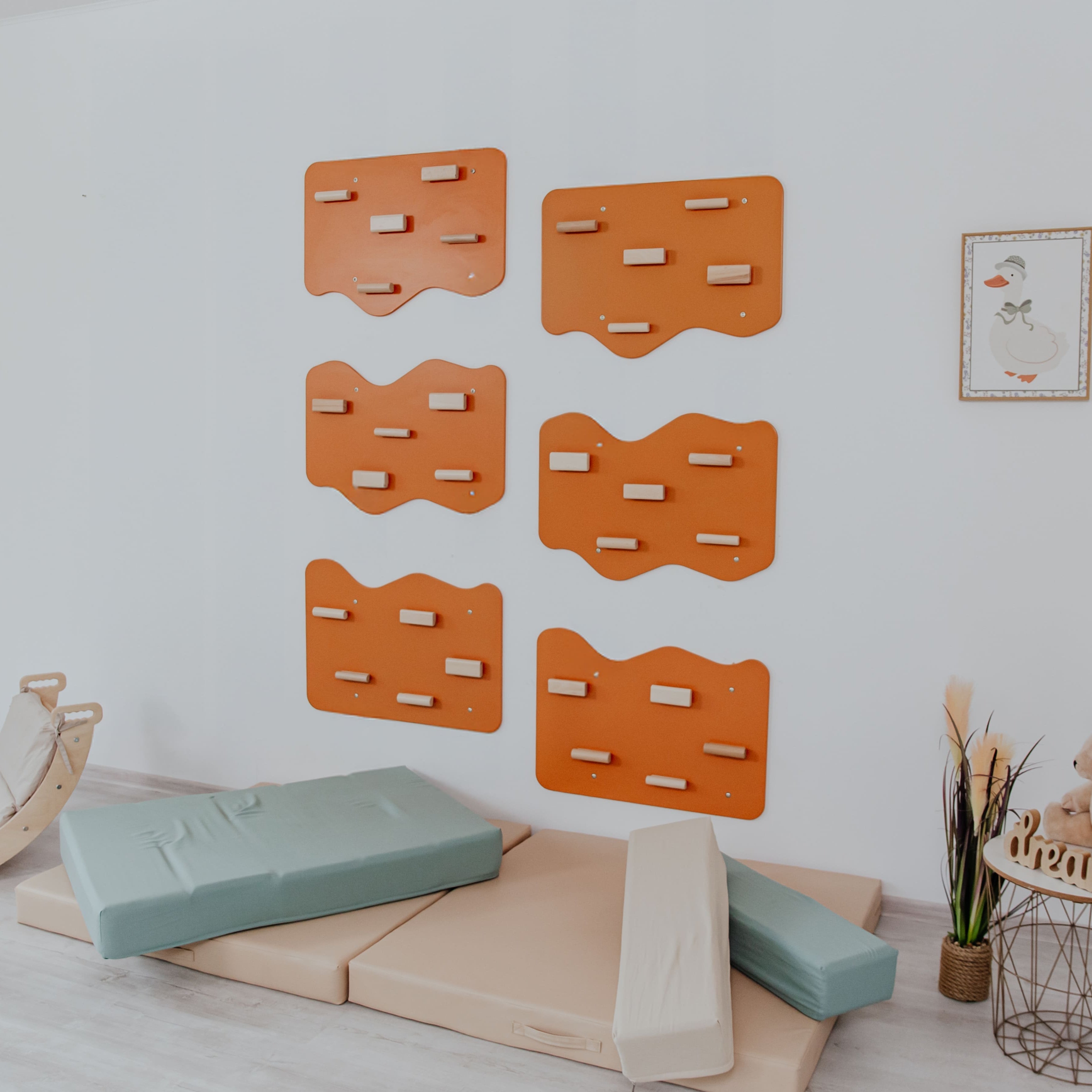 Indoor Rock Wall with Cloud-Shaped Panels & Wooden Climbing Holds for Kids 3-10