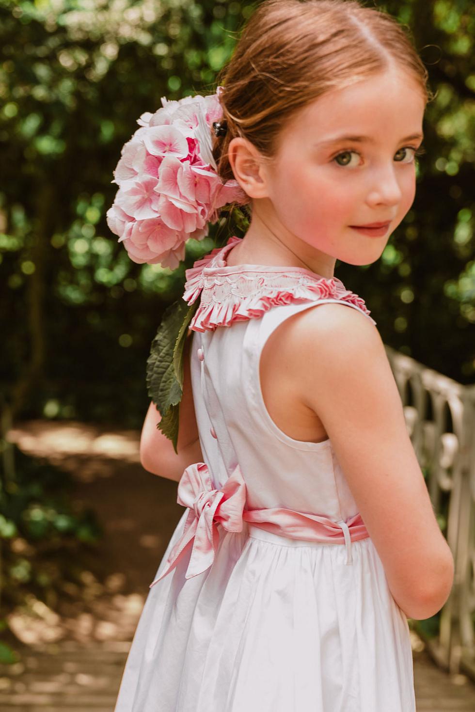 Peony White Smocked Dress With Pink Embroidered Collar