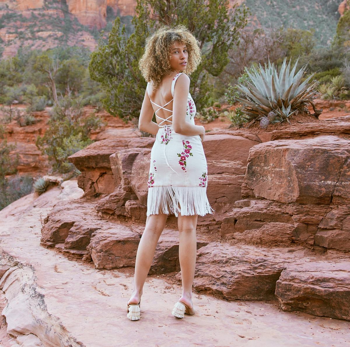 Amber Beaded Mini Fringe Dress - Oatmeal & Ruby floral beading - FINAL SALE