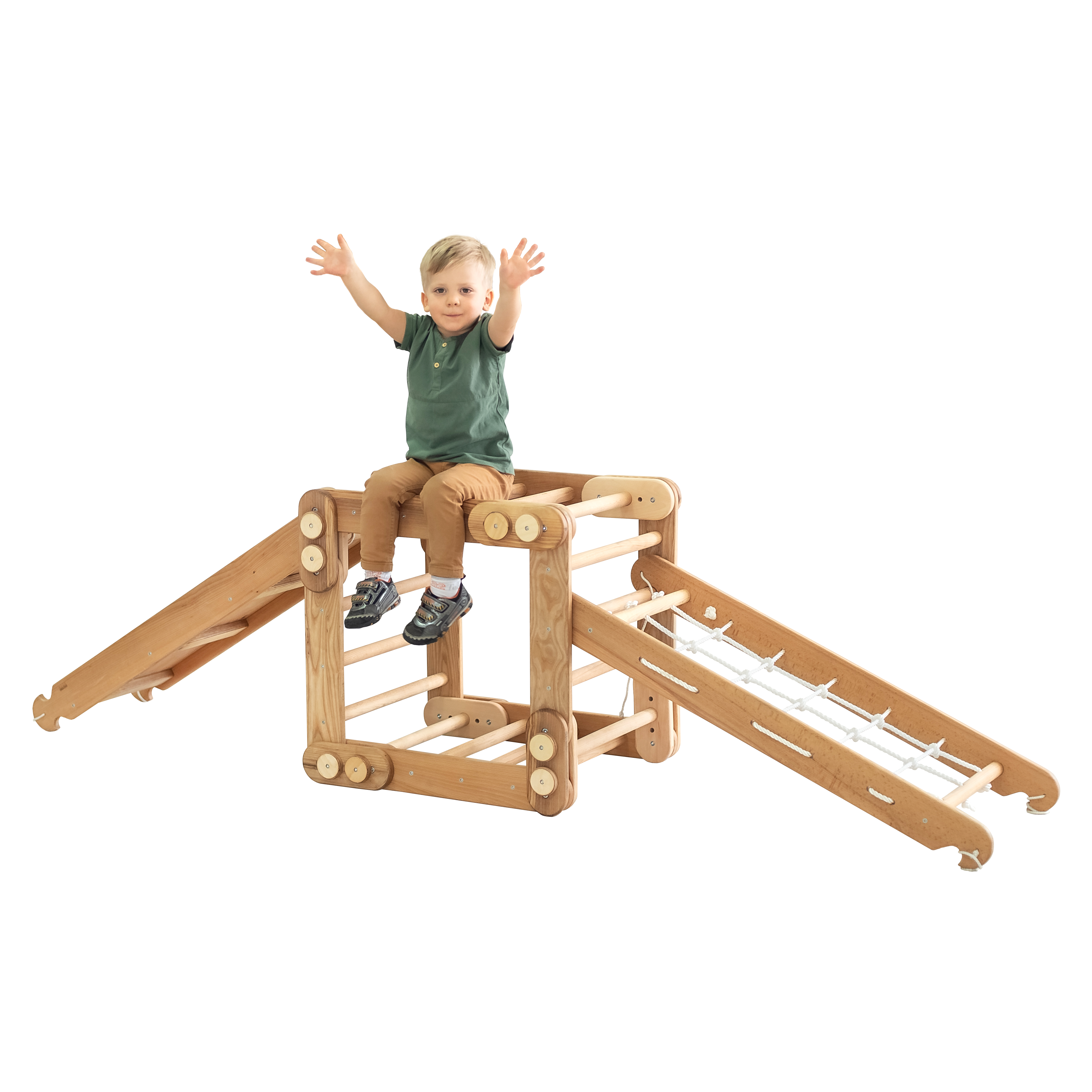 3in1 Montessori Climbing Frame Set: Snake Ladder + Slide Board/Ramp + Net – Beige 3in1 Playsets Goodevas