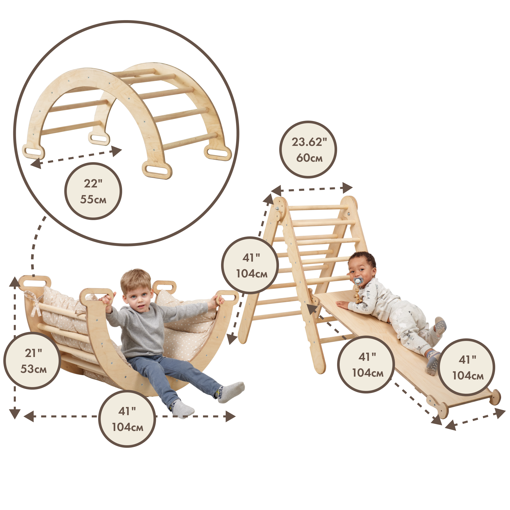 3in1 Montessori Climbing Set: Triangle Ladder + Wooden Arch + Slide Board – Beige NEW 3in1 Playsets Goodevas
