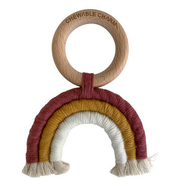 Rainbow Macrame Teether Baby Essentials Chewable Charm Berry + White