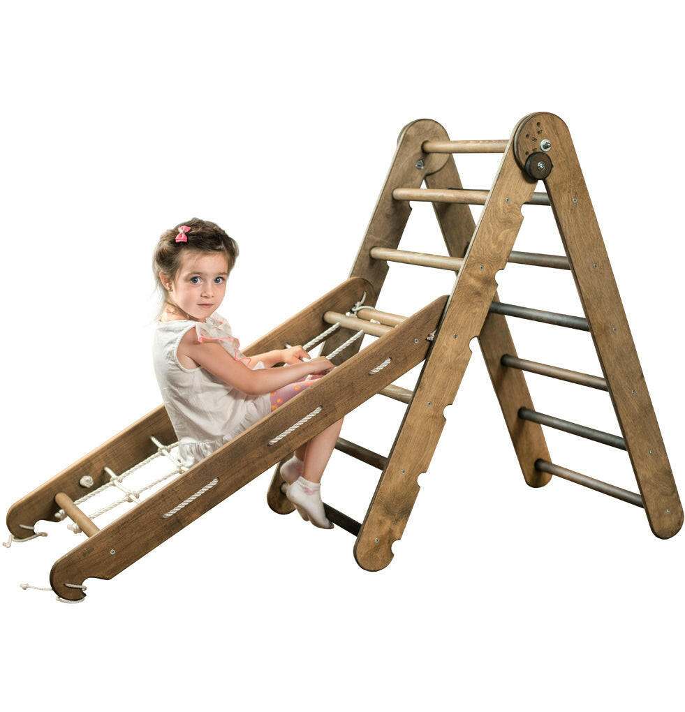 2in1 Montessori Climbing Set: Triangle Ladder + Climbing Net 2in1 Playsets Goodevas Chocolate