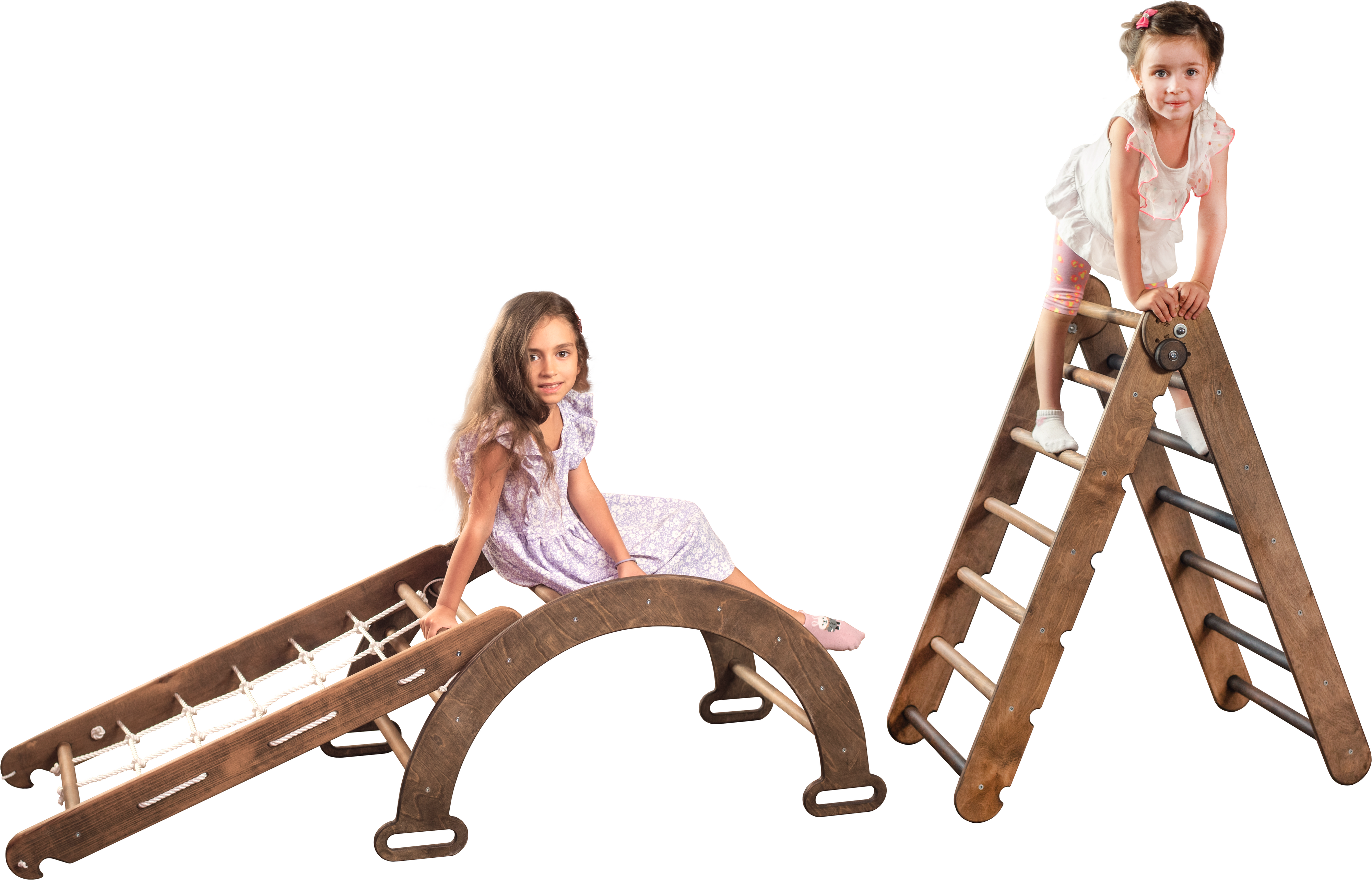 3in1 Montessori Set - Triangle Ladder + Wooden Arch + Climbing Net - Chocolate Color 3in1 Playsets Goodevas Chocolate