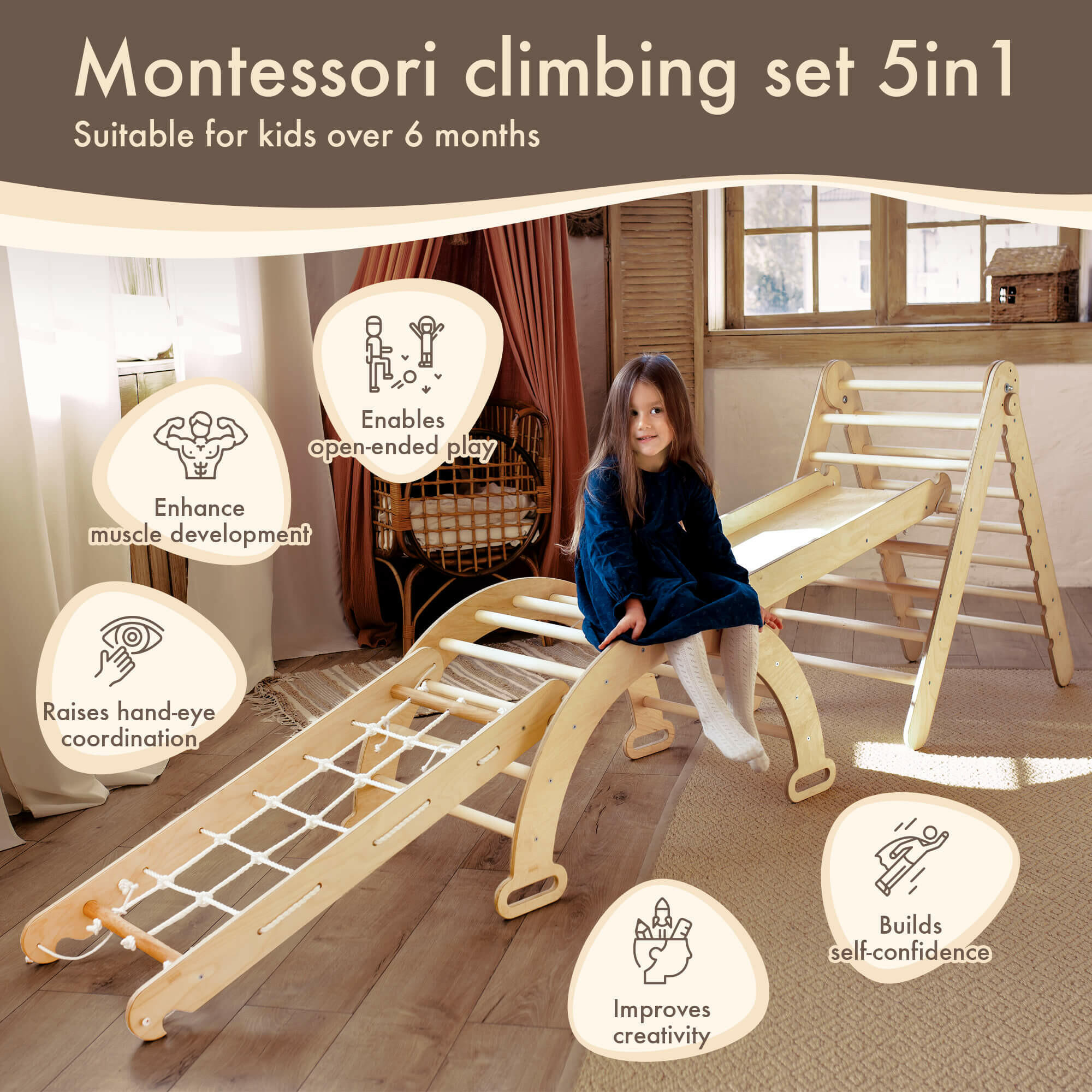 4in1 Montessori Climbing Frame Set: Triangle Ladder + Arch/Rocker + Slide Board/Ramp + Netting rope 4in1 Playsets Goodevas