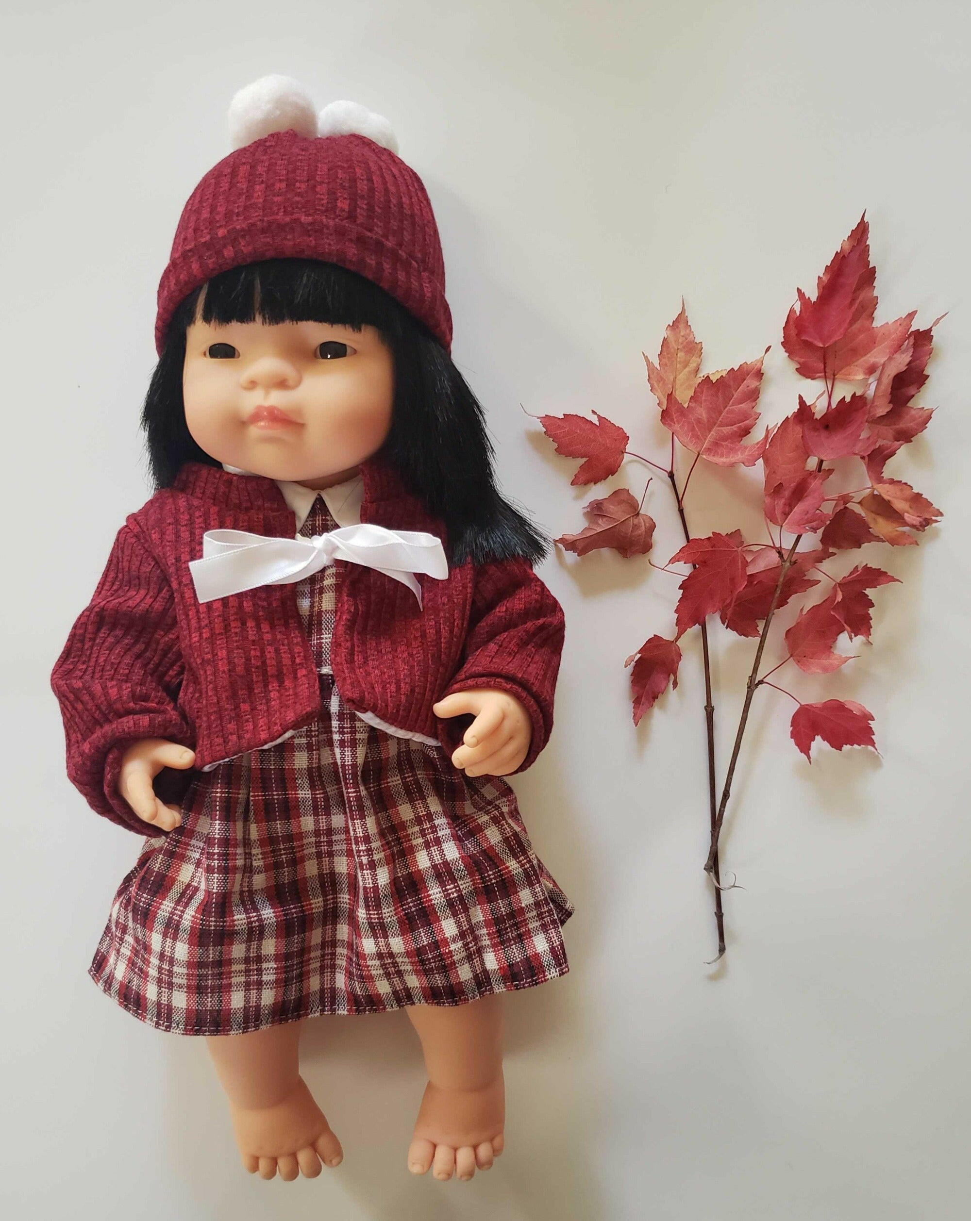 Baby Girl Doll - Asian with Plaid Dress Set 38cm Dolls Miniland
