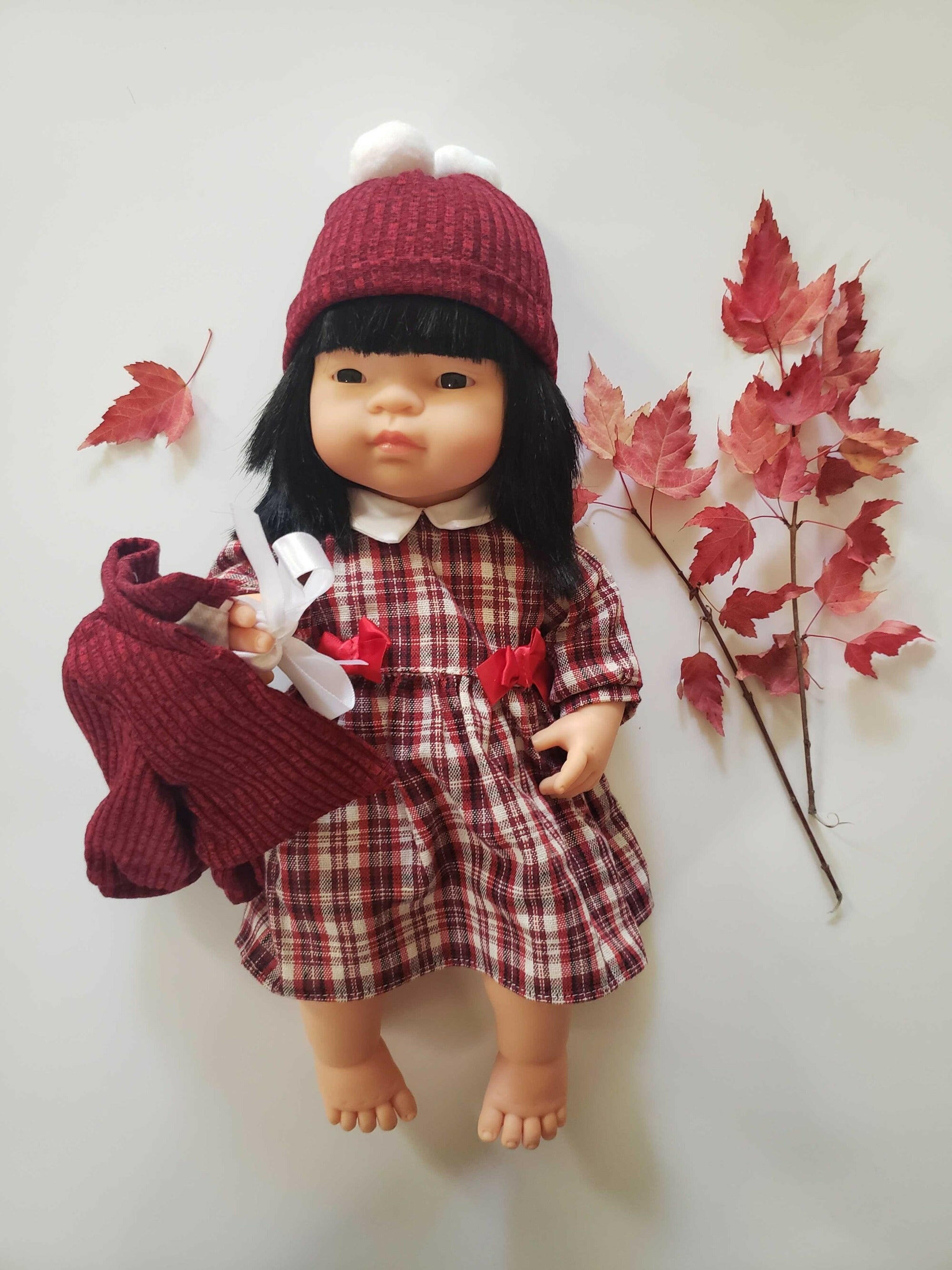 Baby Girl Doll - Asian with Plaid Dress Set 38cm Dolls Miniland