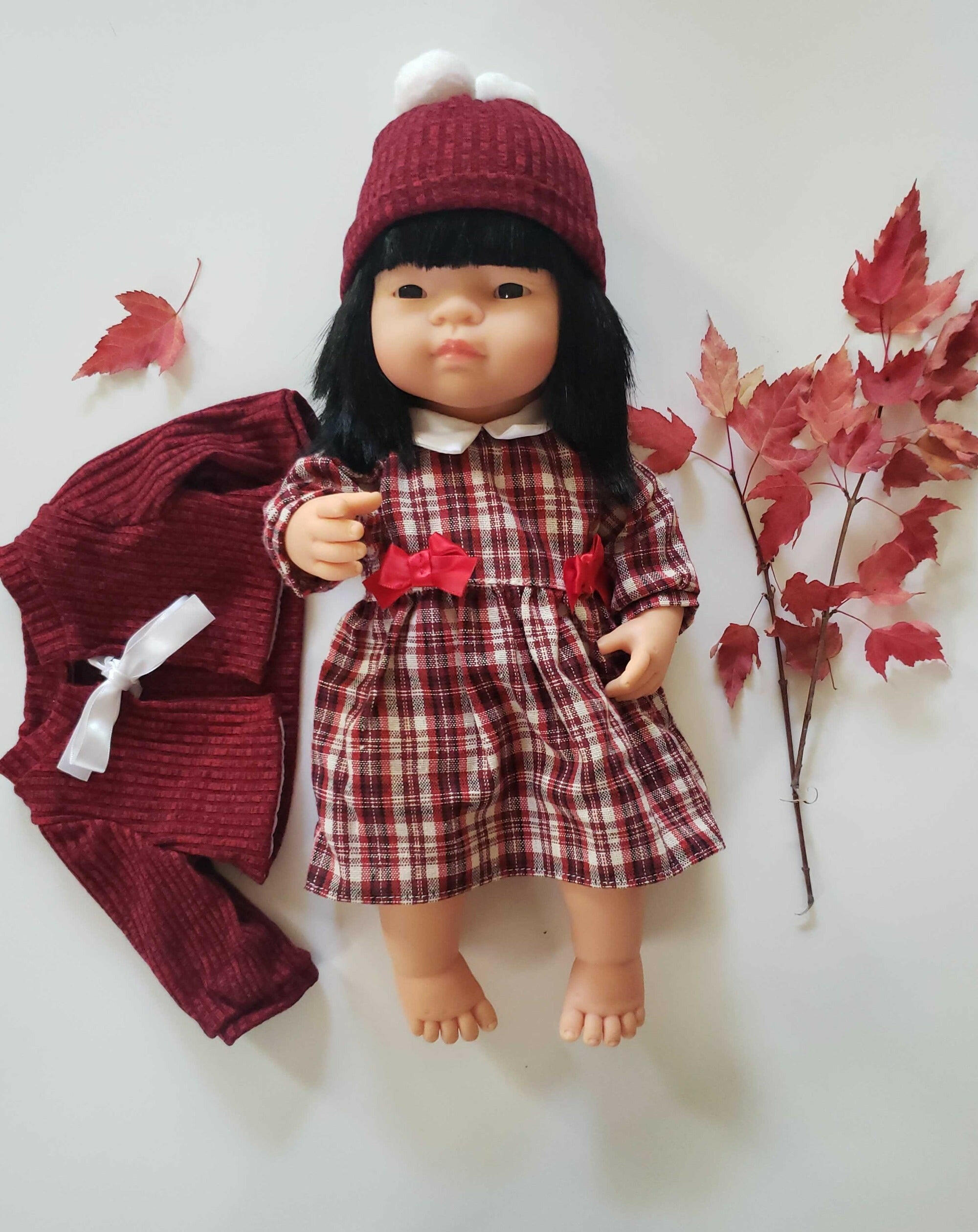 Baby Girl Doll - Asian with Plaid Dress Set 38cm Dolls Miniland