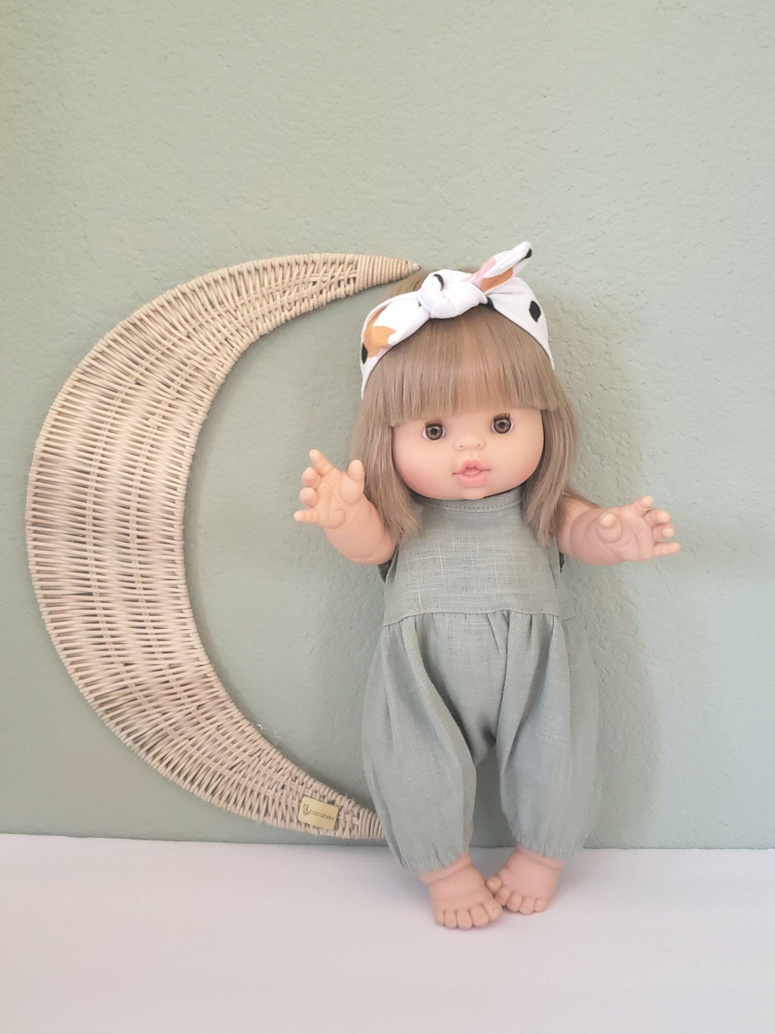 Noa Linen Romper Almond green Doll Clothing Minikane