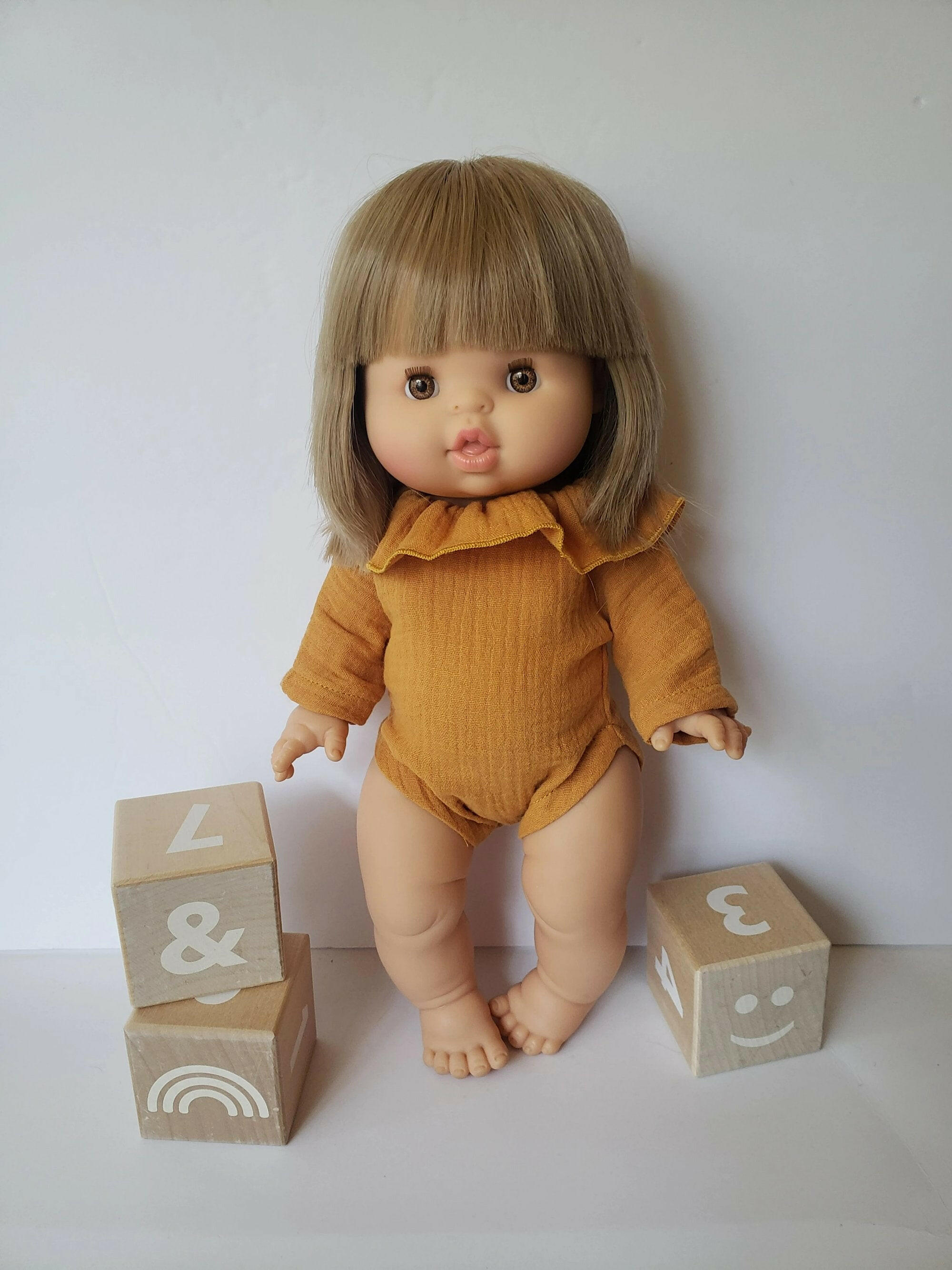 Ruffle Long Sleeve Romper Doll Clothing Little Wonder & Co. Mustard