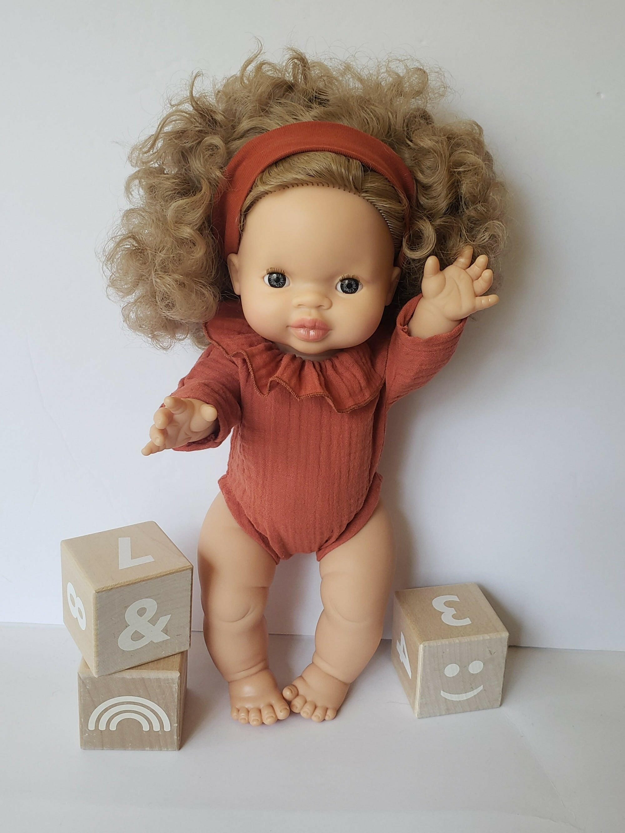Ruffle Long Sleeve Romper Doll Clothing Little Wonder & Co. Brick