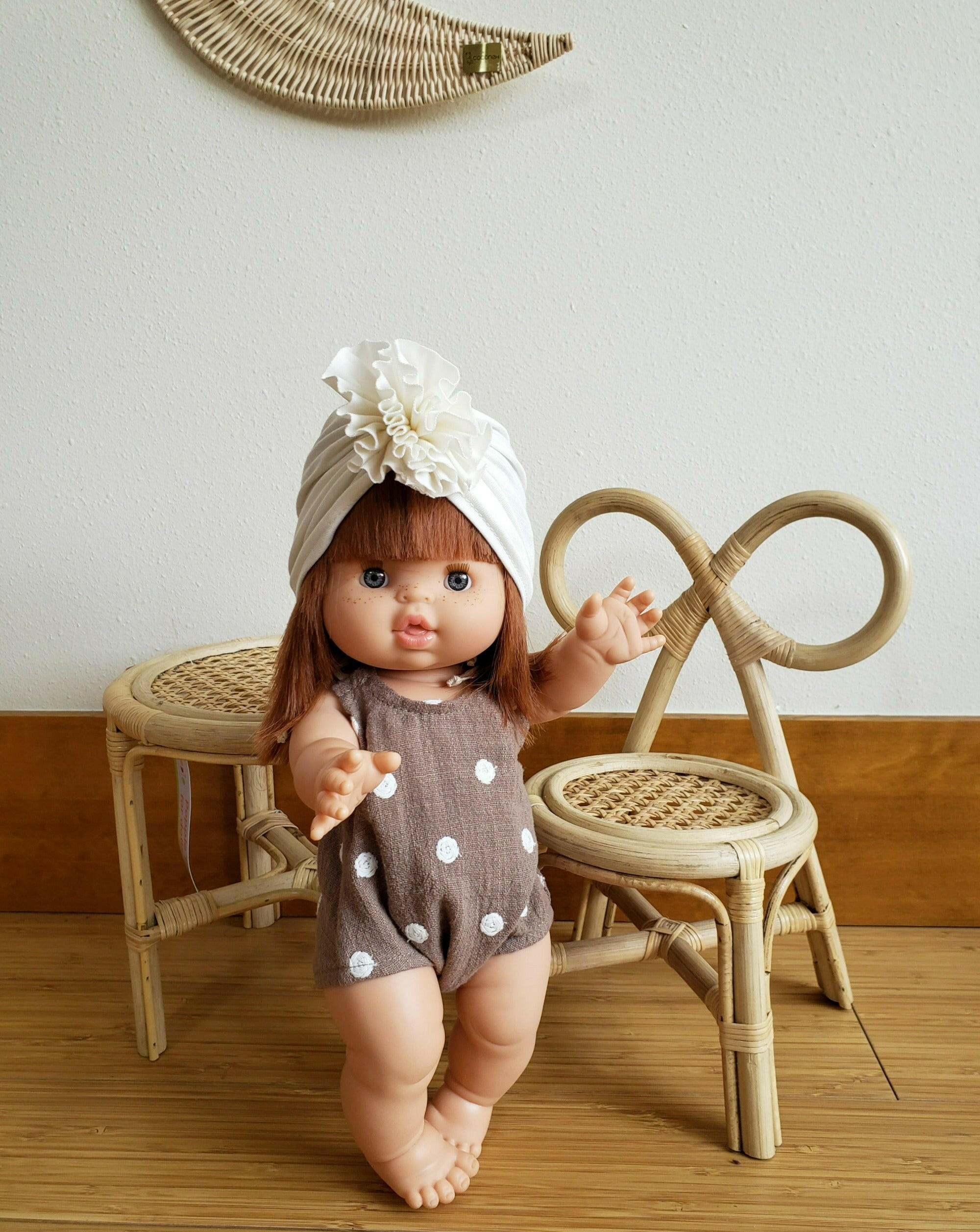Minikane Barboteuse Set in Taupe Cotton and Flower Turban Doll Clothing Minikane
