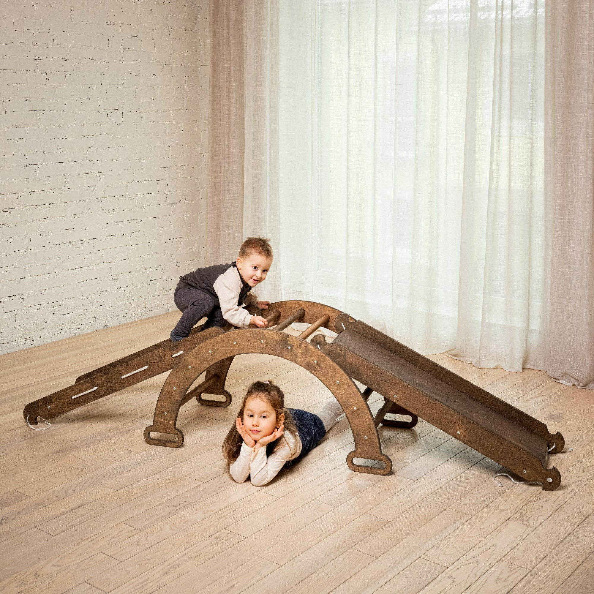 3in1 Montessori Climbing Frame Set: Wooden Arch + Slide Board + Climbing Net - Chocolate 3in1 Playsets Goodevas