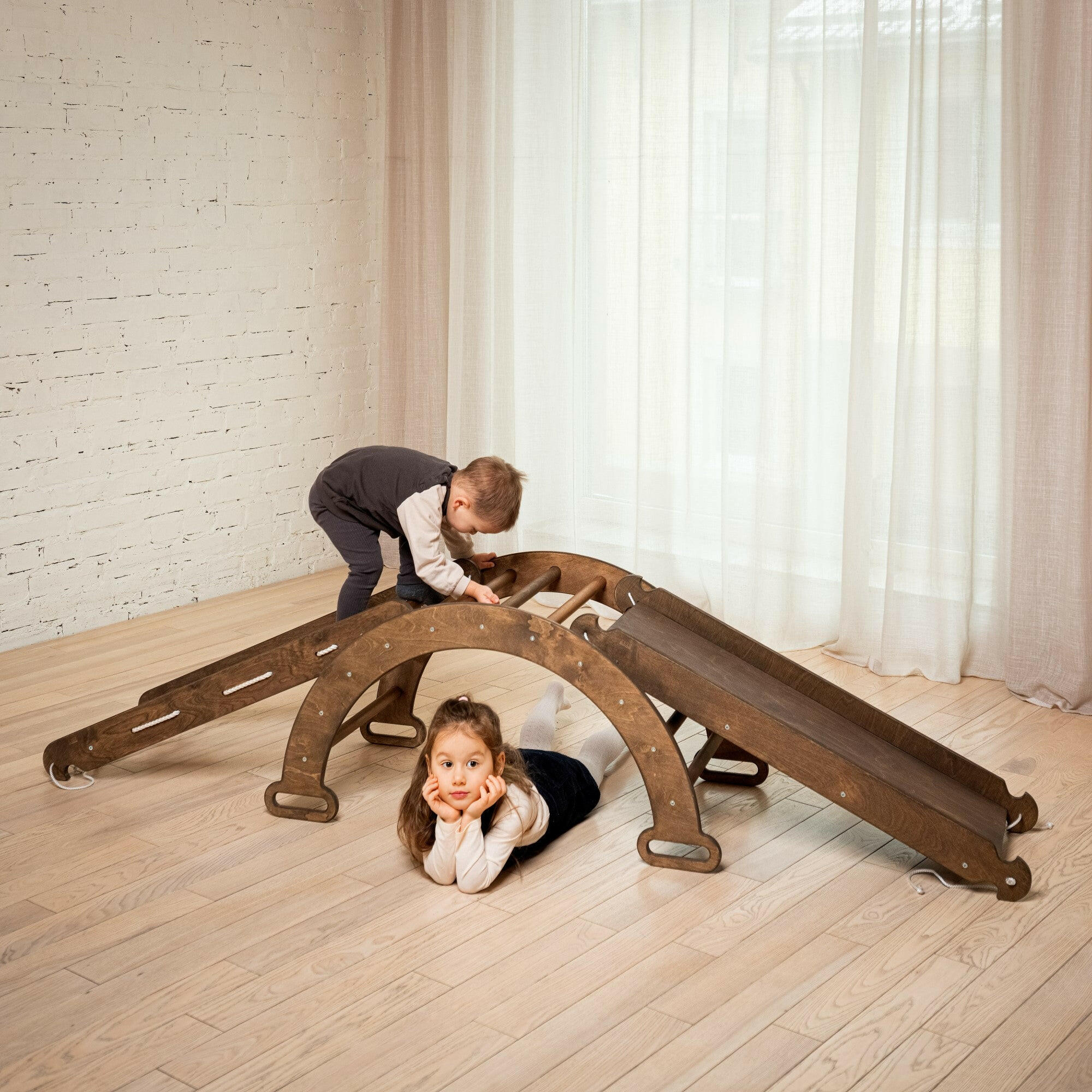 3in1 Montessori Climbing Frame Set: Wooden Arch + Slide Board + Climbing Net - Chocolate 3in1 Playsets Goodevas