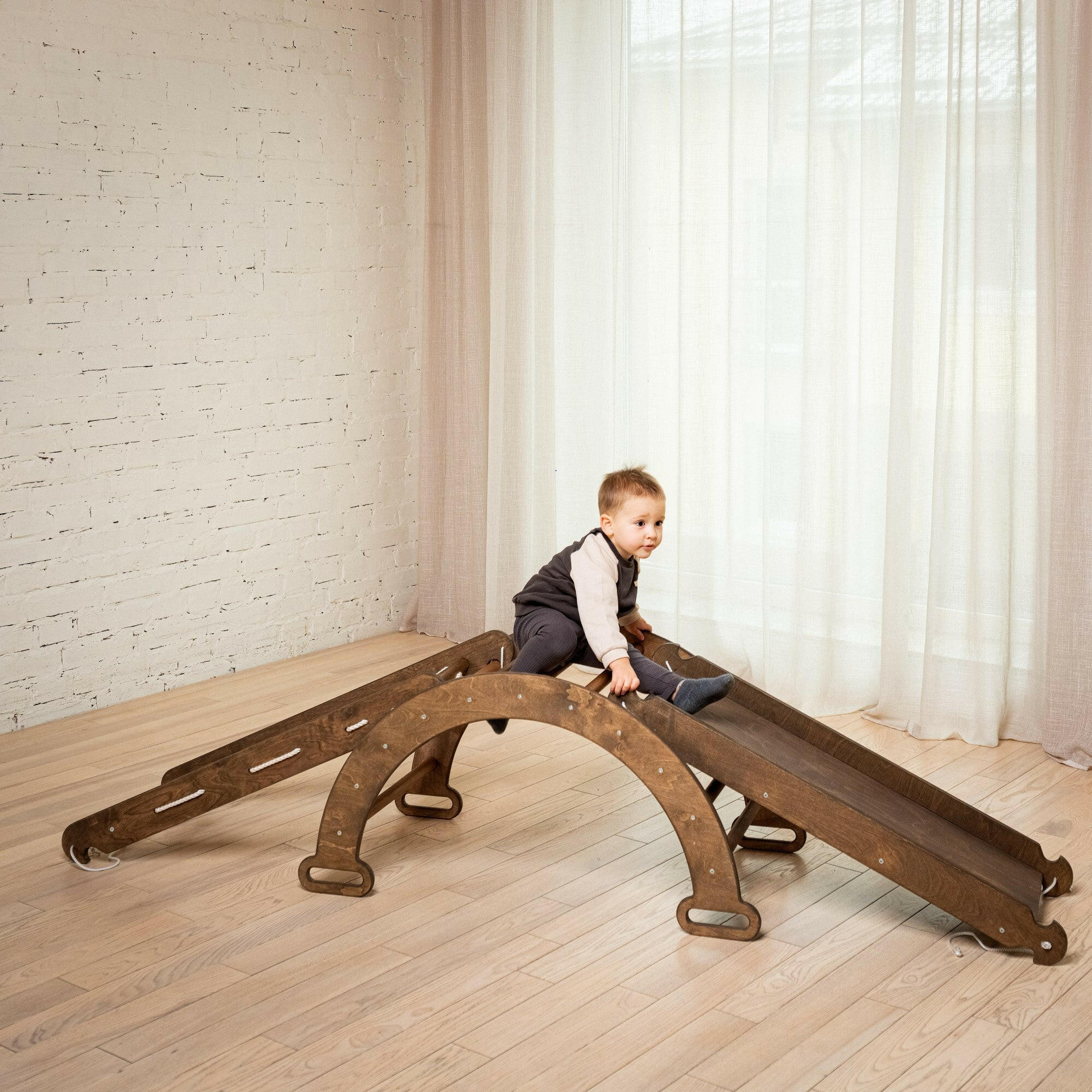 3in1 Montessori Climbing Frame Set: Wooden Arch + Slide Board + Climbing Net - Chocolate 3in1 Playsets Goodevas