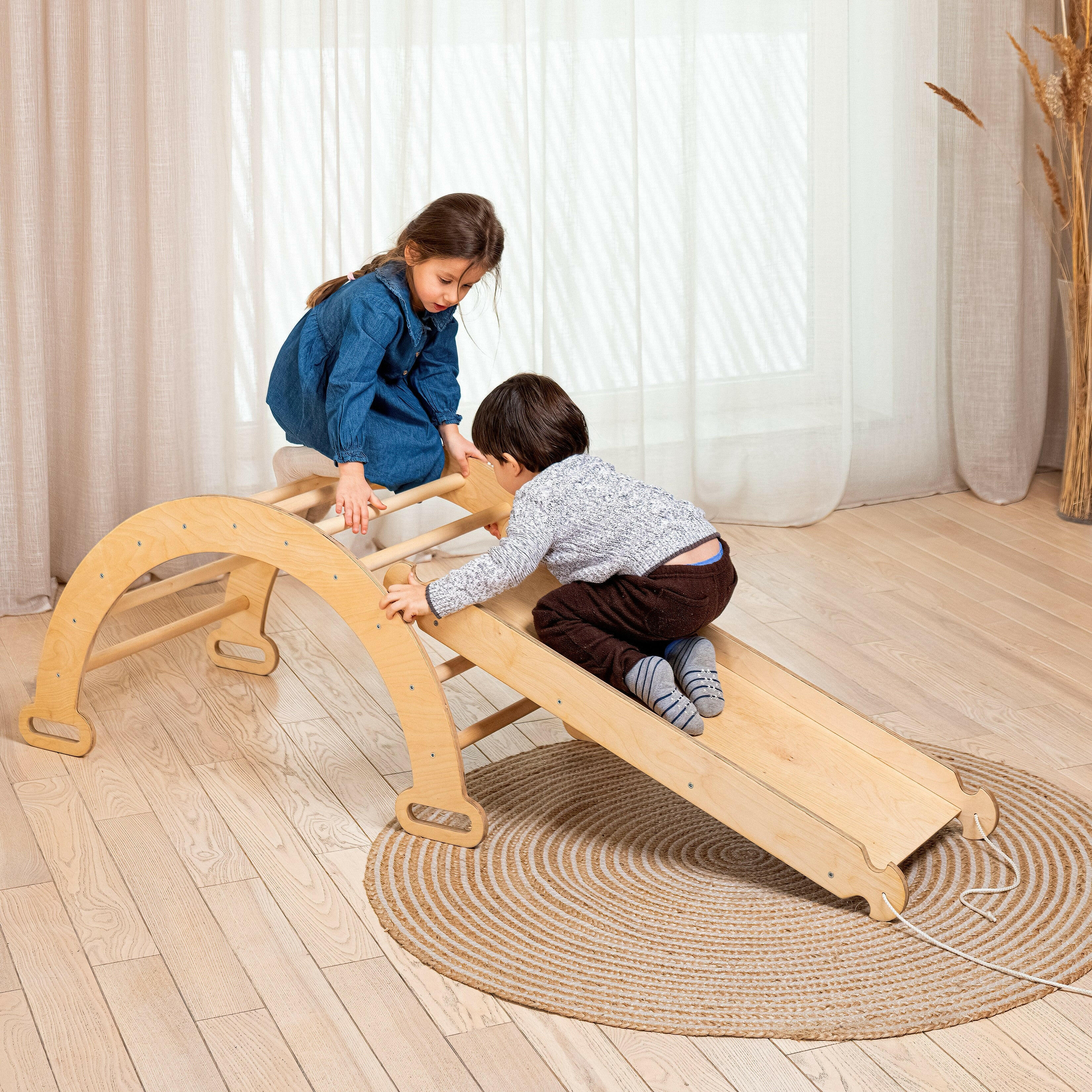 2in1 Montessori Climbing Frame Set: Arch/Rocker Balance + Slide Board/Ramp - Beige 2in1 Playsets Goodevas
