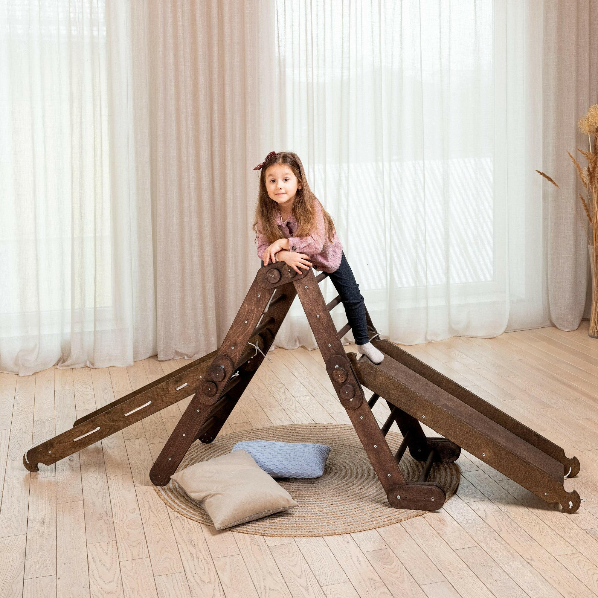 3in1 Montessori Climbing Set: Snake Ladder + Slide Board/Ramp + Net – Chocolate 3in1 Playsets Goodevas