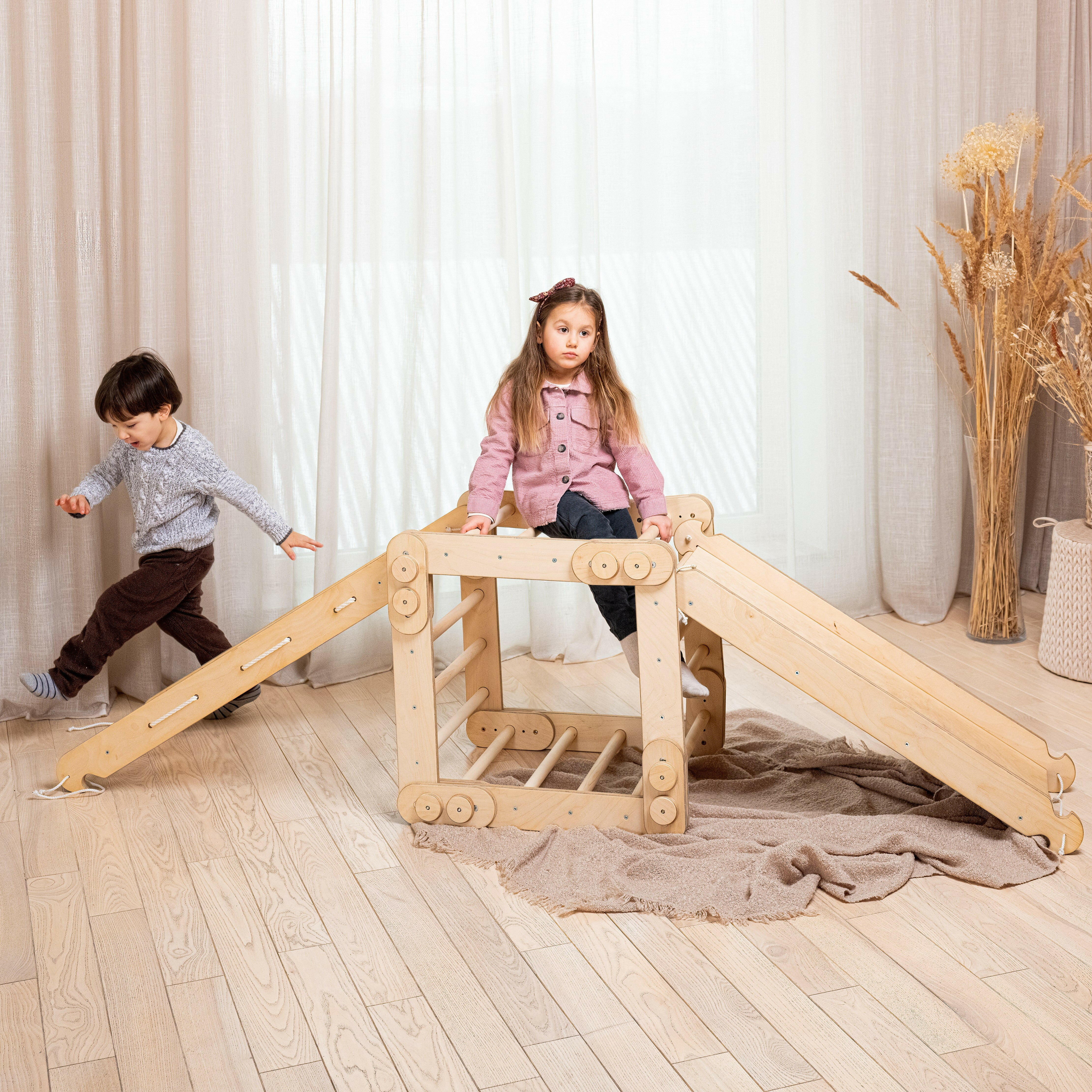3in1 Montessori Climbing Frame Set: Snake Ladder + Slide Board/Ramp + Net – Beige 3in1 Playsets Goodevas