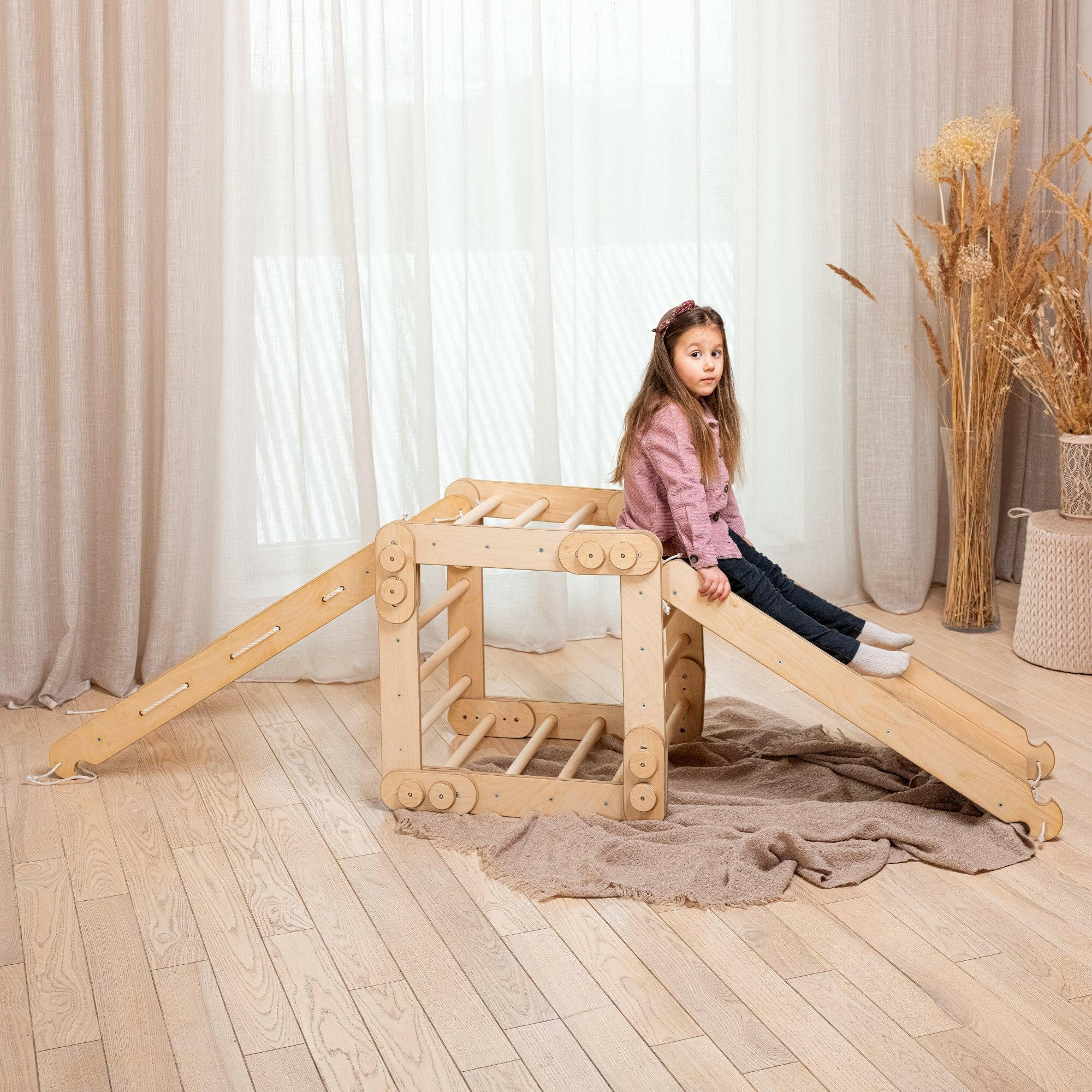 3in1 Montessori Climbing Frame Set: Snake Ladder + Slide Board/Ramp + Net – Beige 3in1 Playsets Goodevas