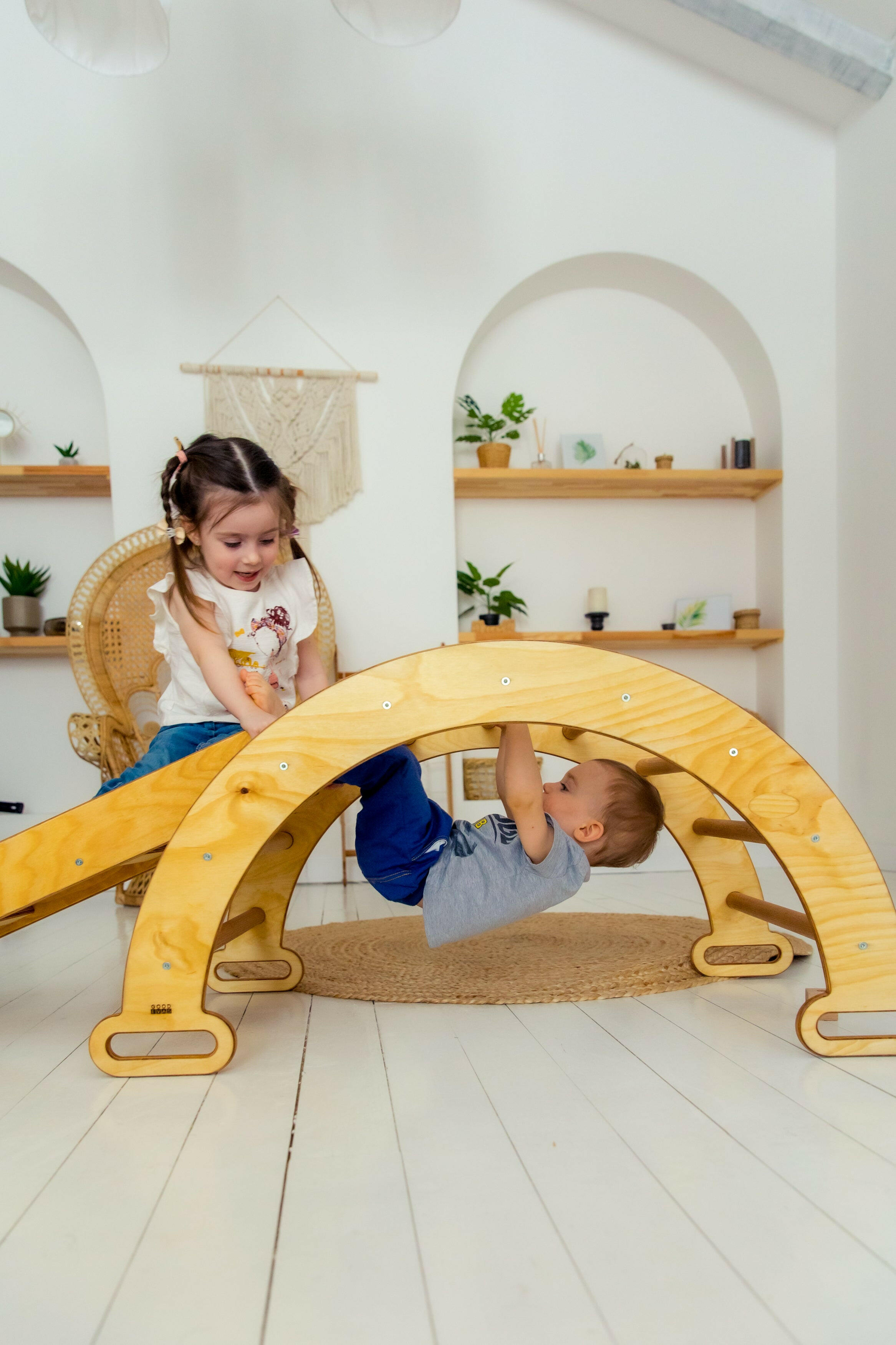 2in1 Montessori Climbing Frame Set: Arch/Rocker Balance + Slide Board/Ramp - Beige 2in1 Playsets Goodevas