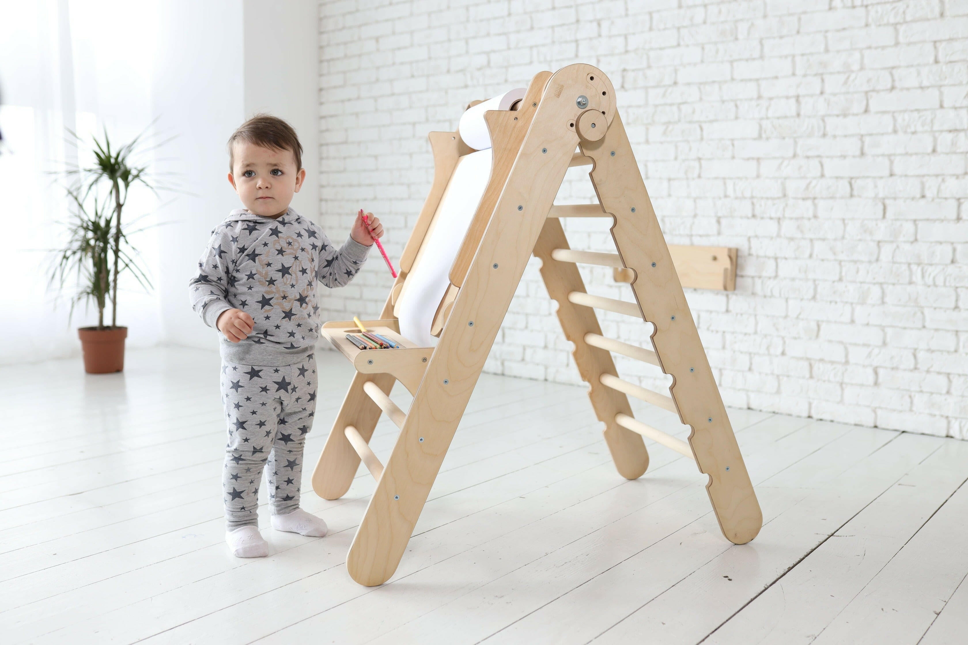 Triangle Ladder with Art Addition – Montessori Climber for Toddlers – Beige Goodevas
