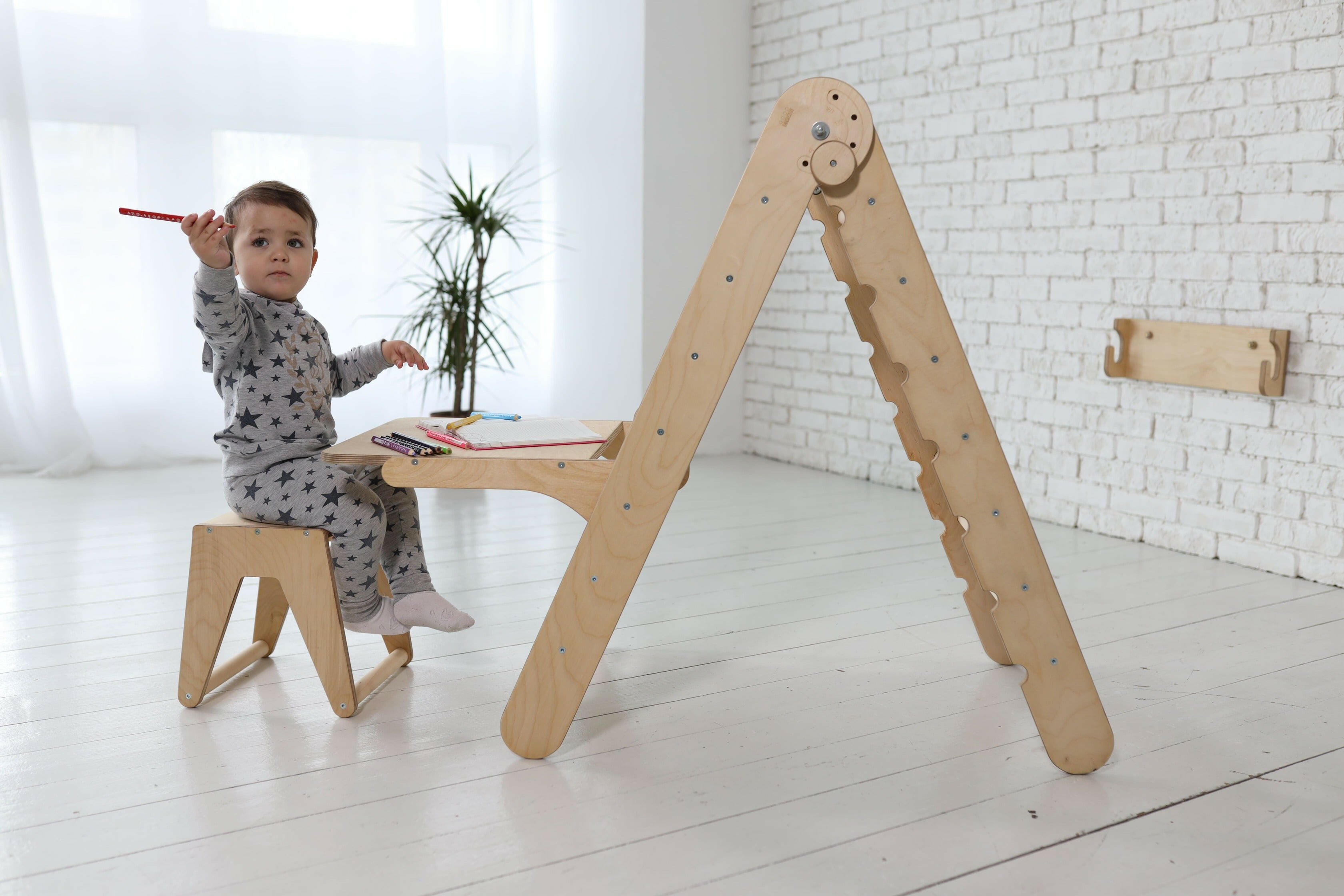 Triangle Ladder with Art Addition – Montessori Climber for Toddlers – Beige Goodevas
