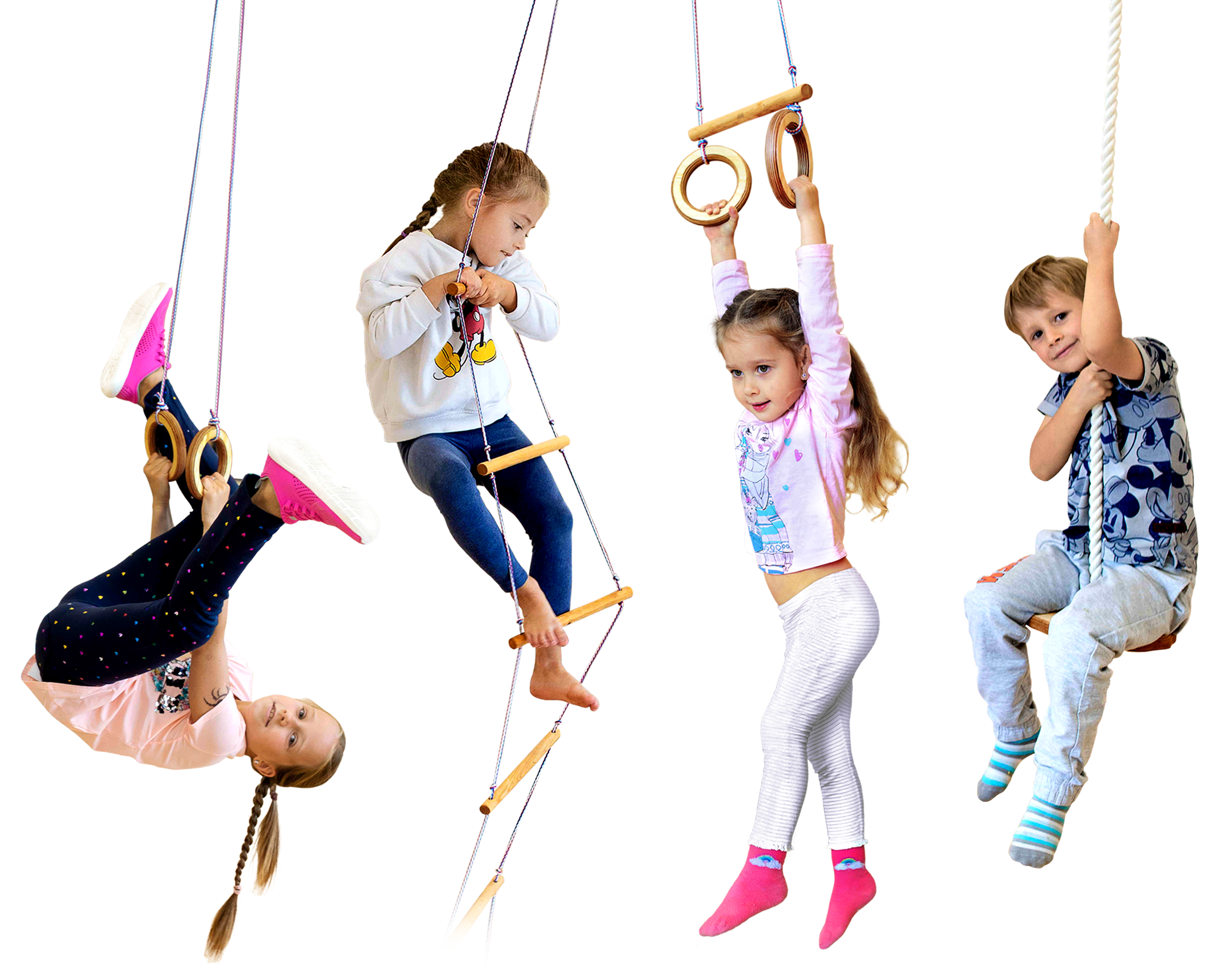4in1 Swings Set: Rope ladder + Gymnastic rings + Disc swing + Trapeze bar with rings 4in1 Swing Set Goodevas