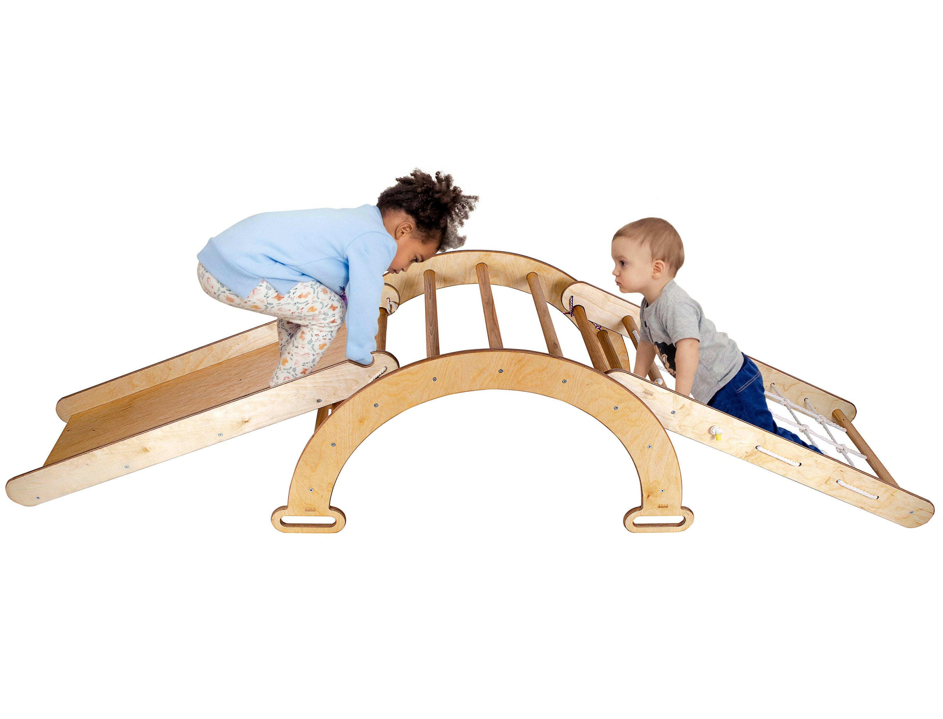 3in1 Montessori Climbing Frame Set: Wooden Arch + Slide Board + Climbing Net - Chocolate 3in1 Playsets Goodevas Beige