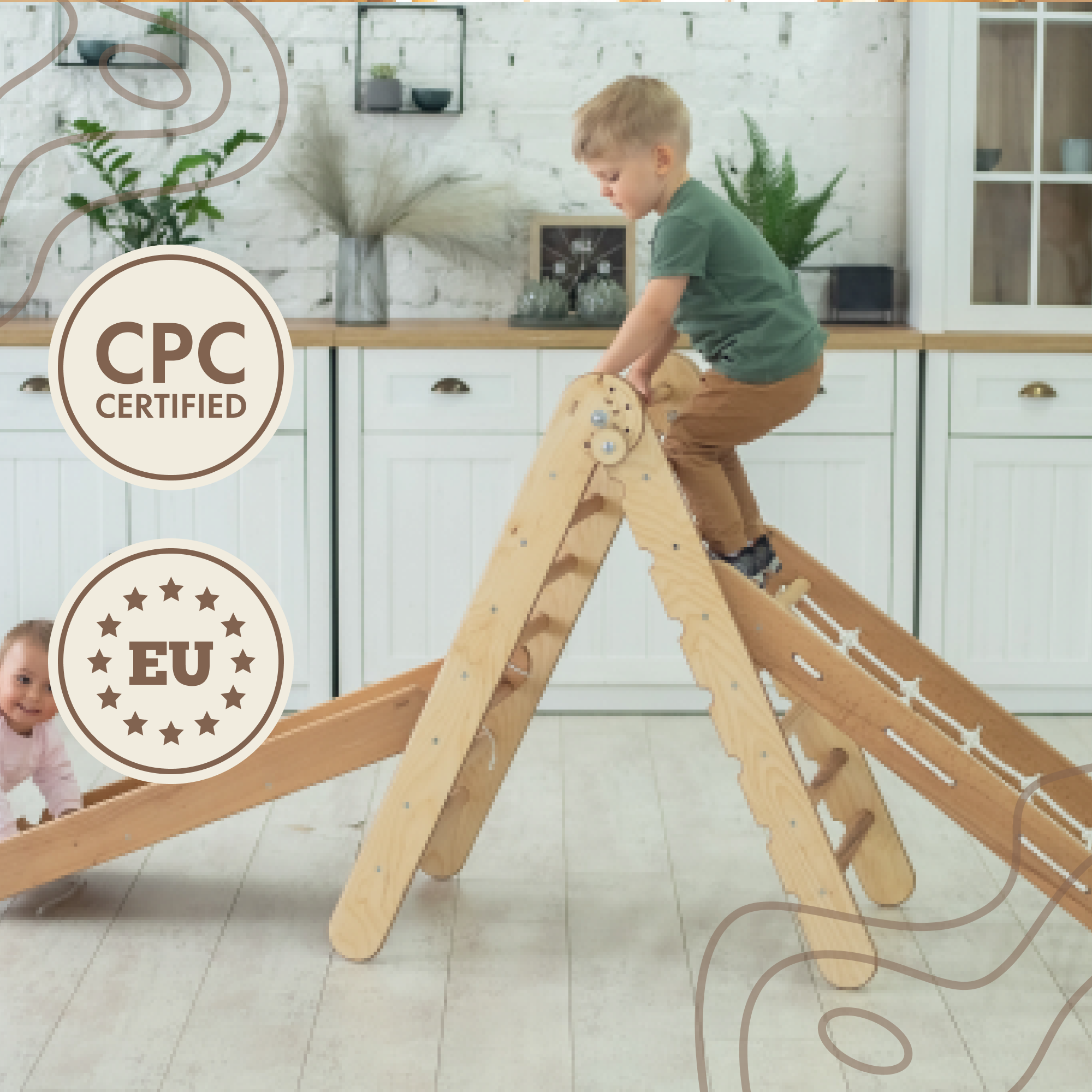 3in1 Montessori Climbing Frame Set: Triangle Ladder + Net + Slide Board/Ramp - Beige 3in1 Playsets Goodevas