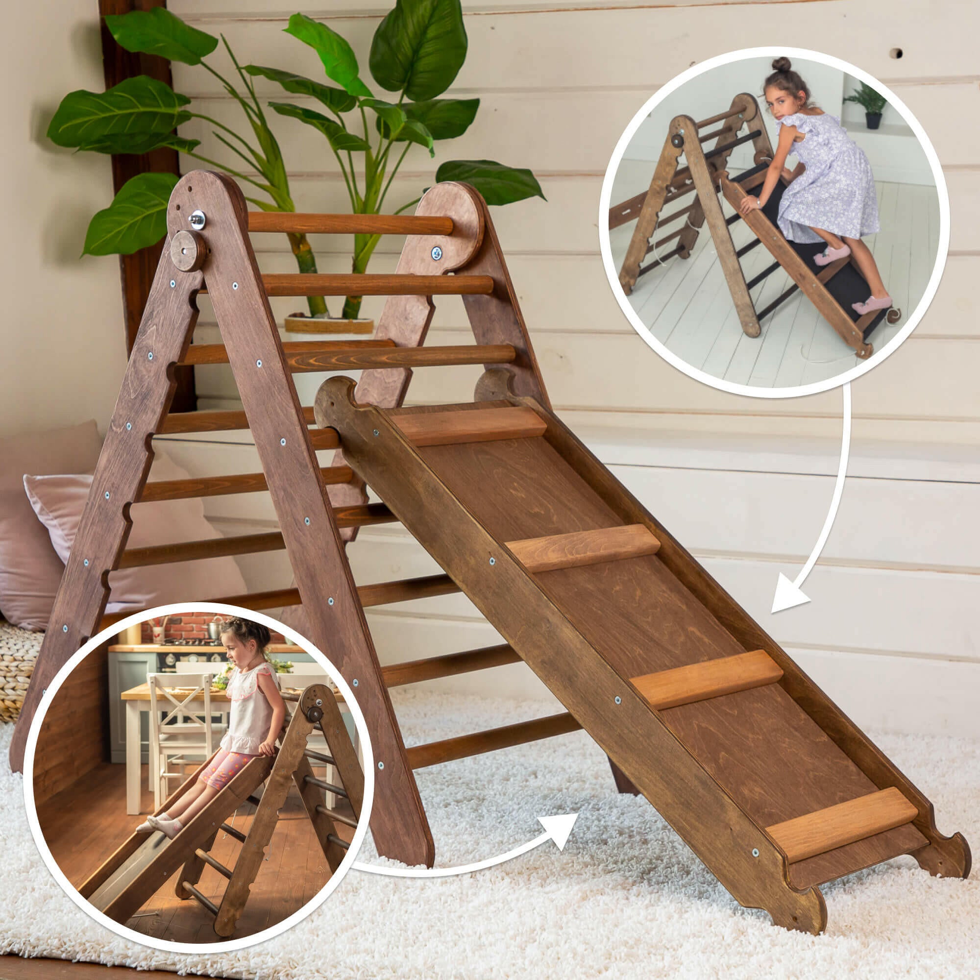 2in1 Montessori Climbing Frame Set: Triangle Ladder + Slide Board/Ramp – Chocolate 2in1 Playsets Goodevas