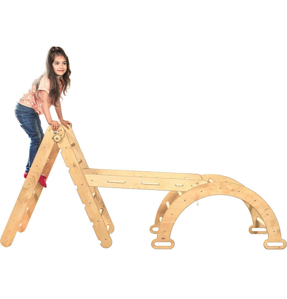 3in1 Montessori Climbing Frame Set: Triangle Ladder + Arch/Rocker Balance + Net – Beige 3in1 Playsets Goodevas